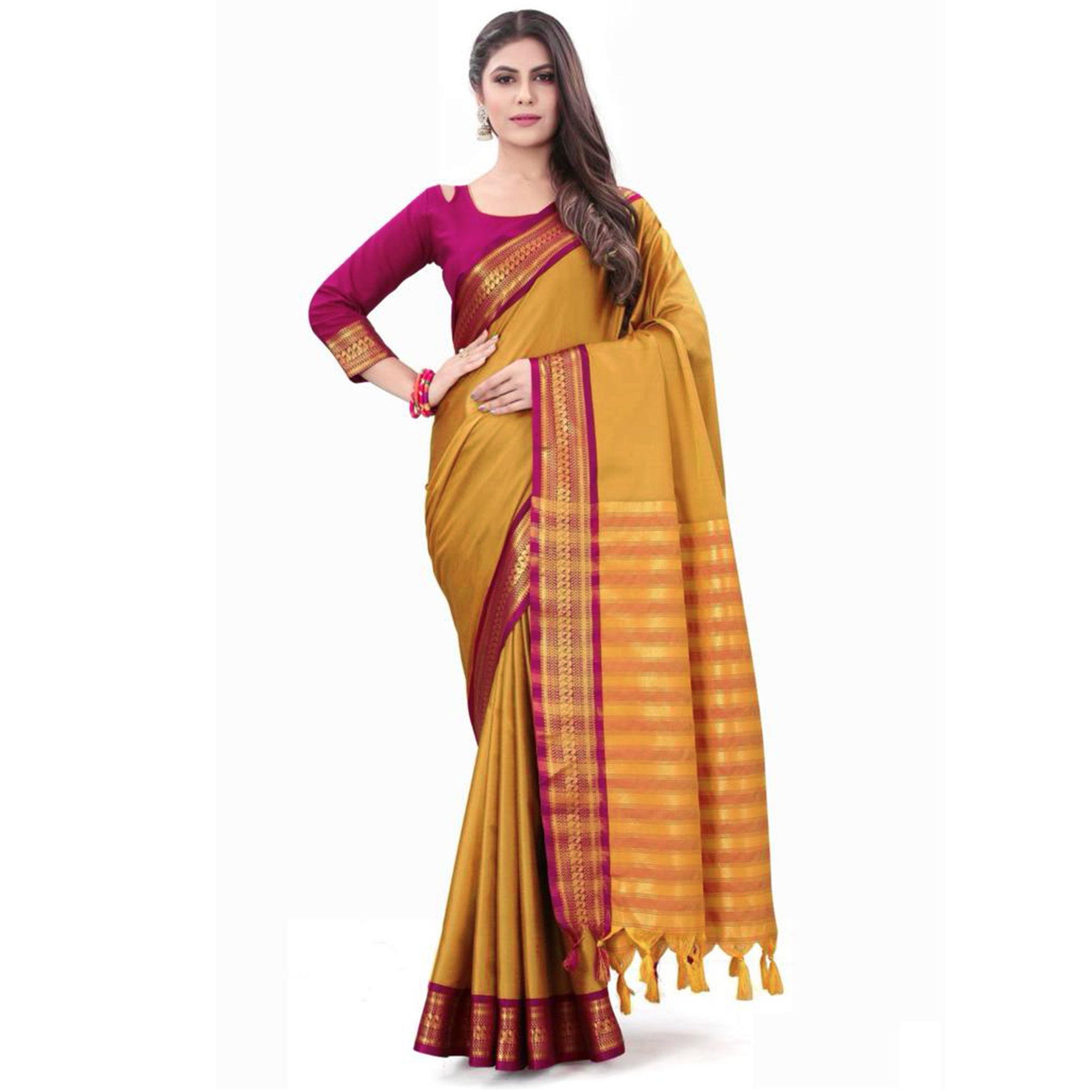 Mustard Solid Cotton Silk Saree With Jacquard Border