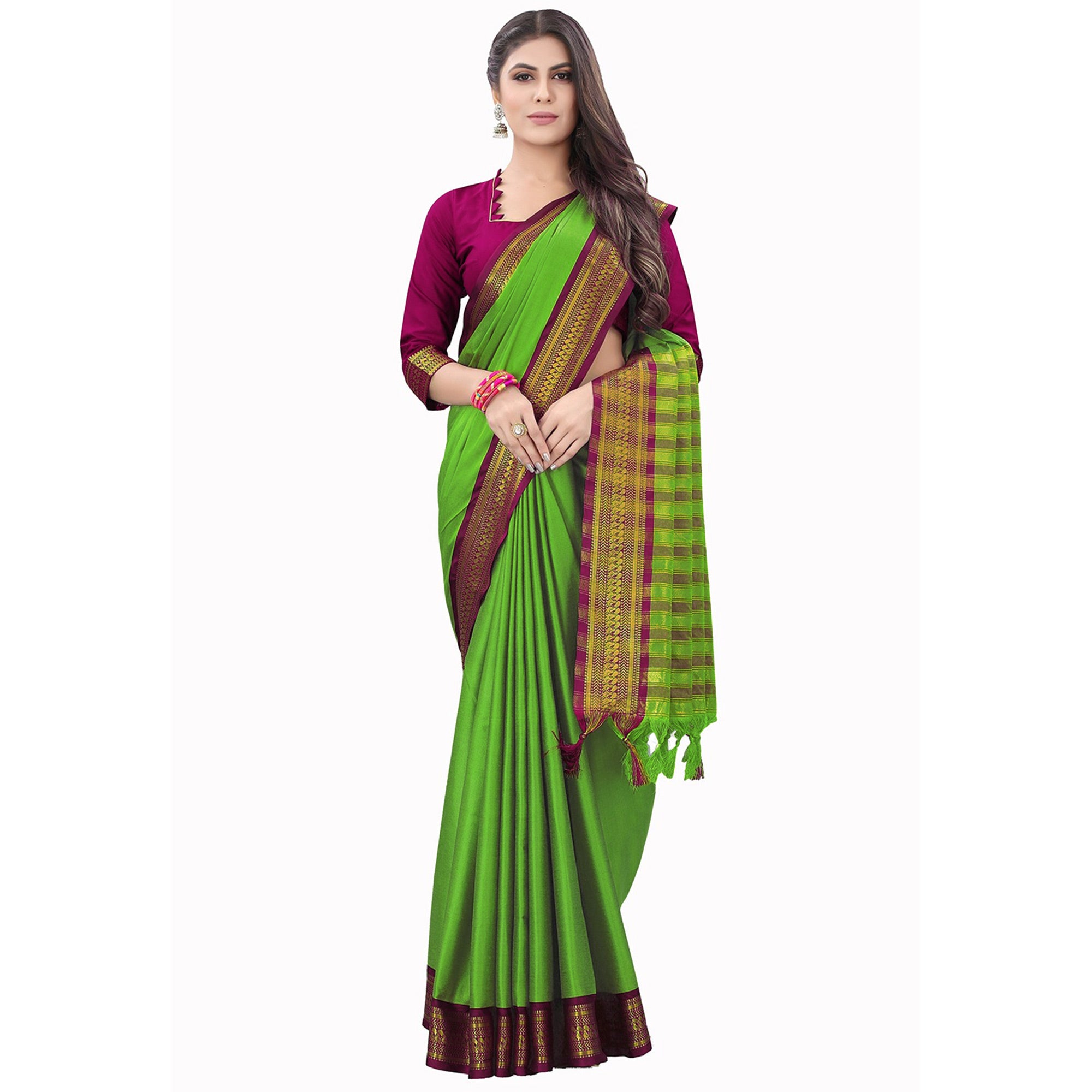 Parrot Green Solid Cotton Silk Saree With Jacquard Border