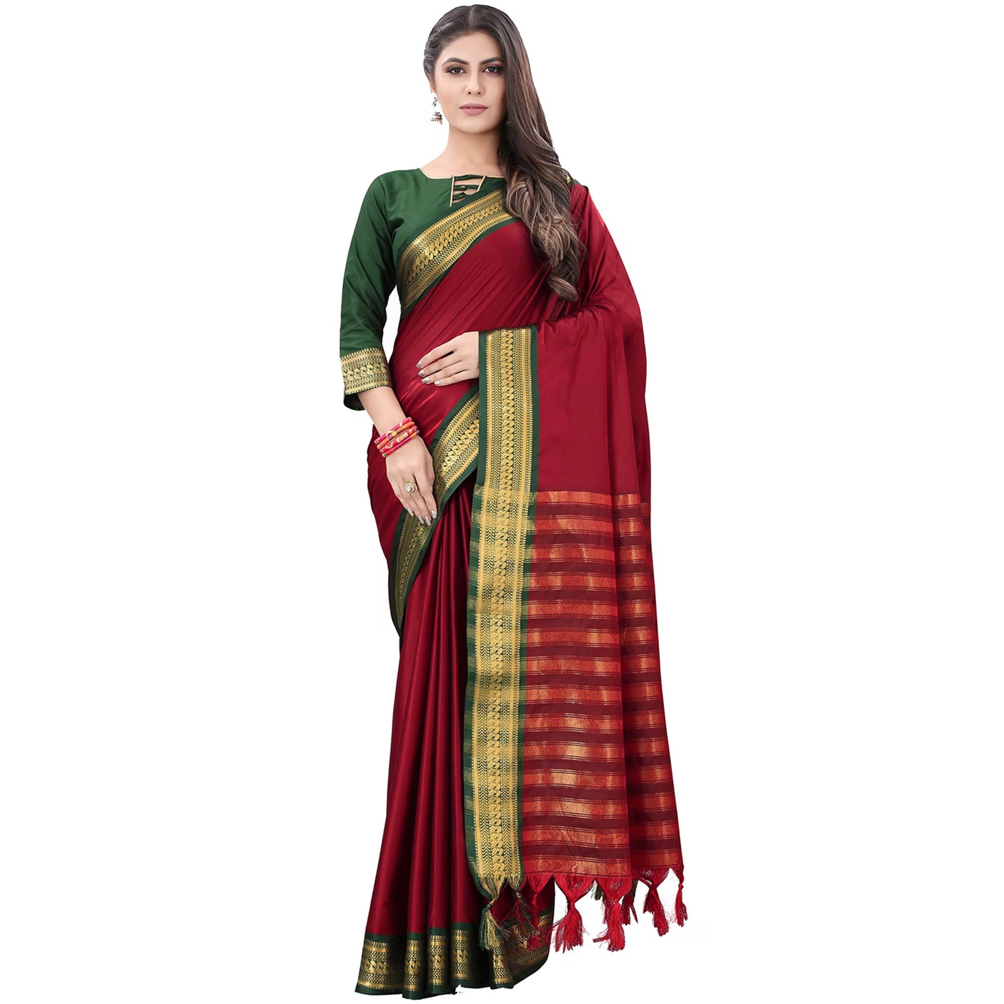Red Solid Cotton Silk Saree With Jacquard Border