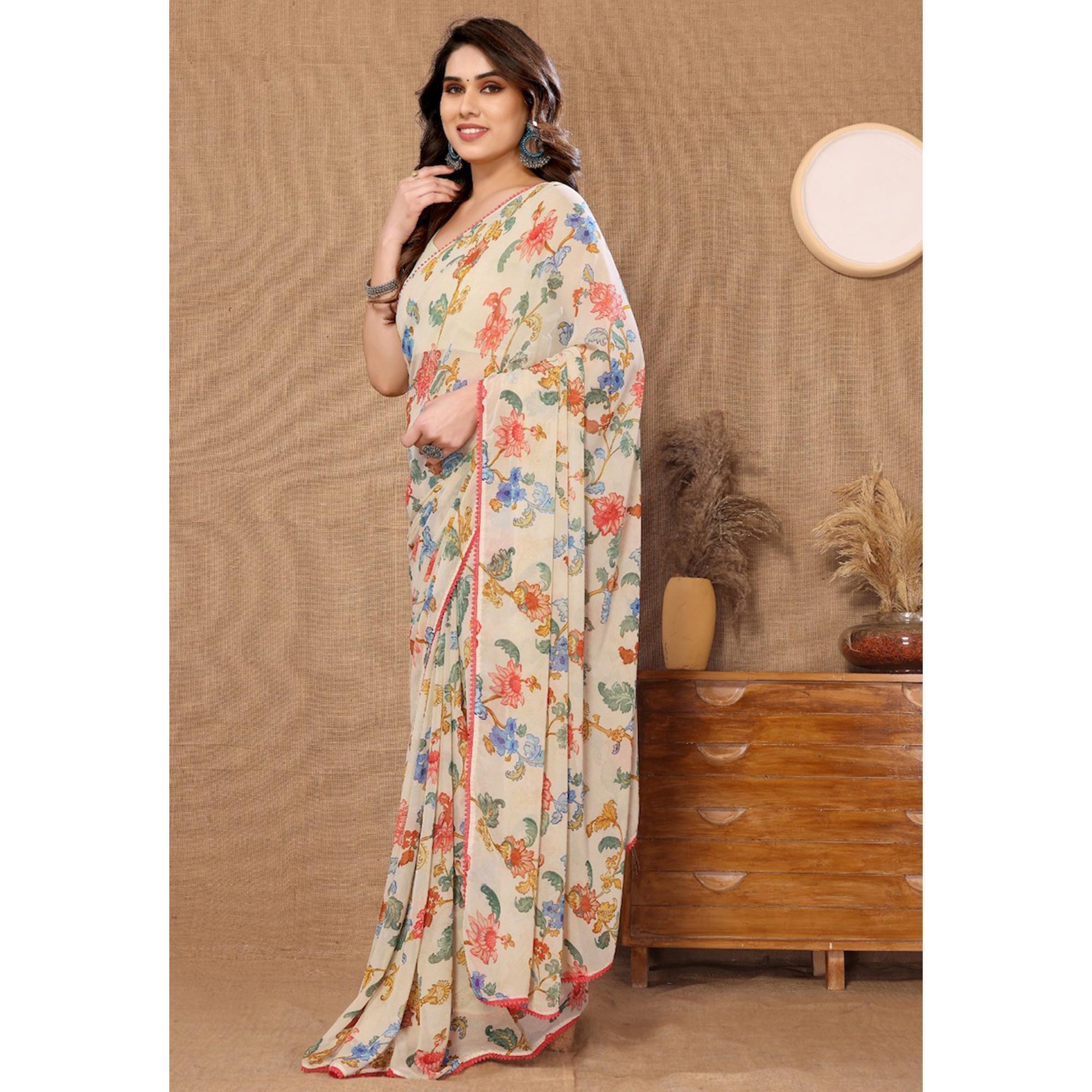 Beige Floral Printed Ready To Wear Georgette Saree