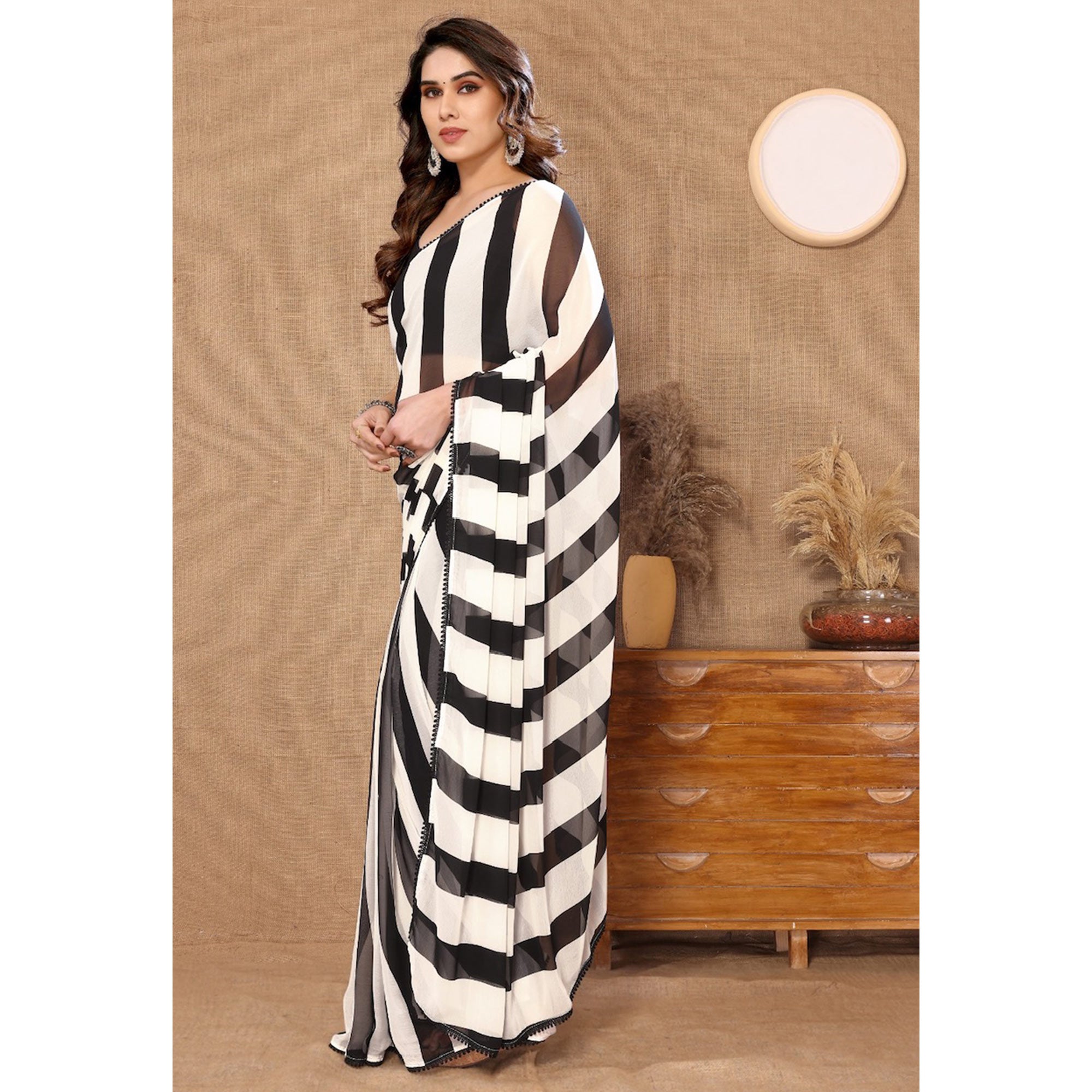 Black & White Striped Printed Ready To Wear Georgette Saree