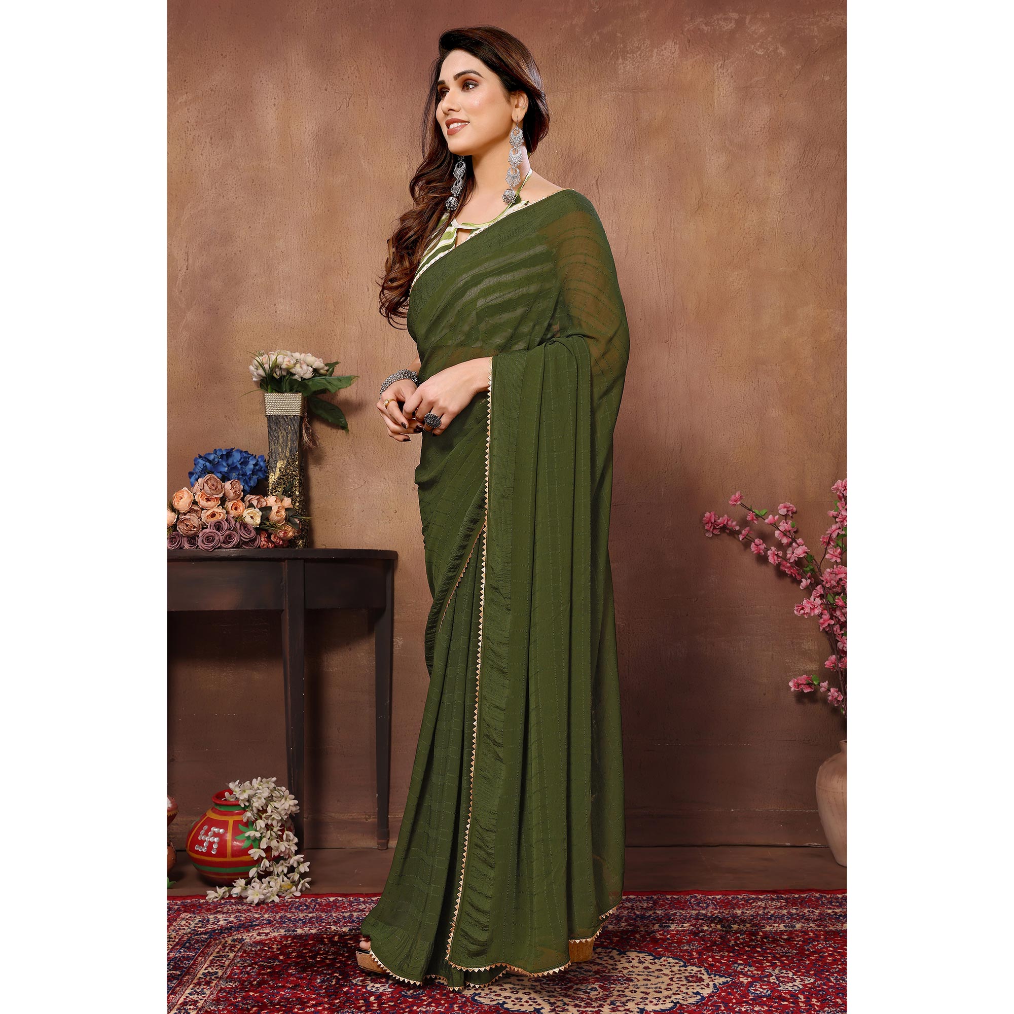 Green Woven Checks Ready To Wear Georgette Saree