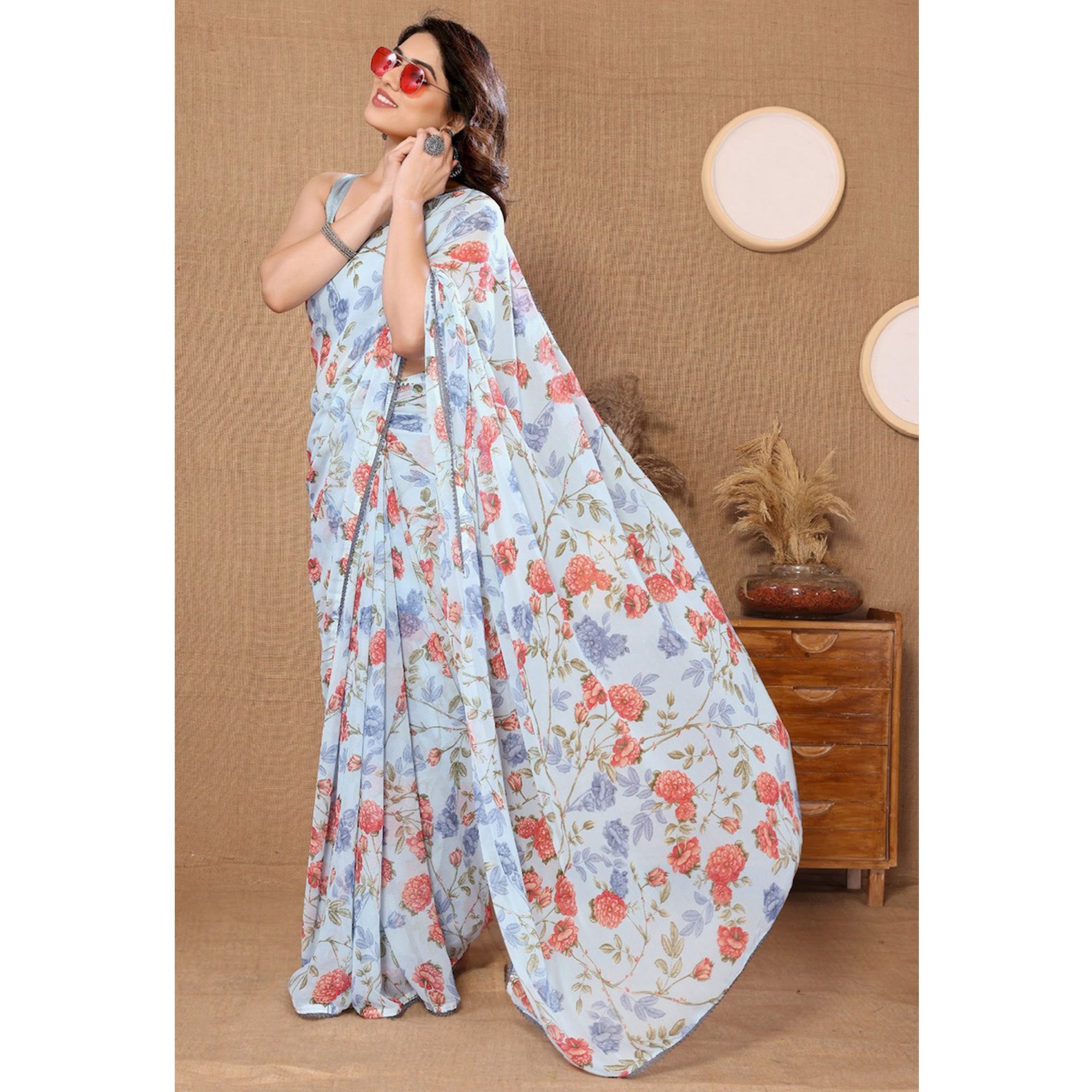 Light Blue Floral Printed Ready To Wear Georgette Saree