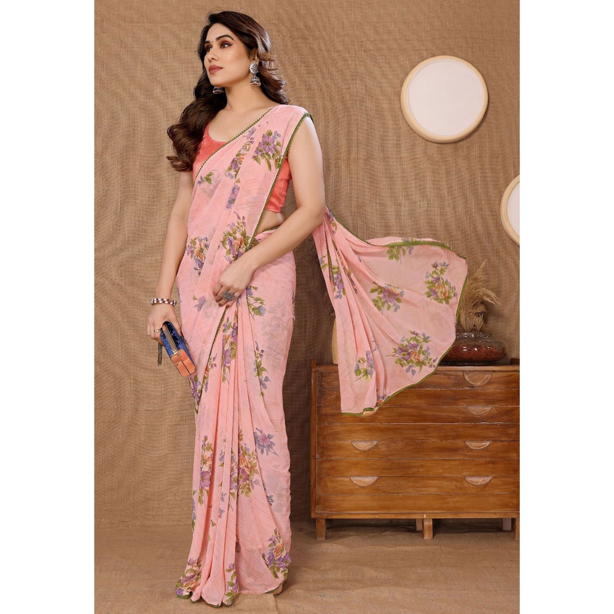 Peach Floral Printed Ready To Wear Georgette Saree