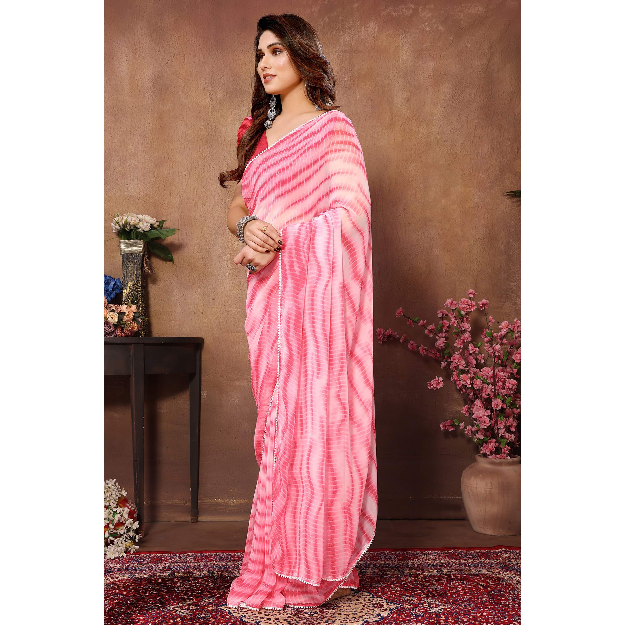 Pink Printed Ready To Wear Georgette Saree