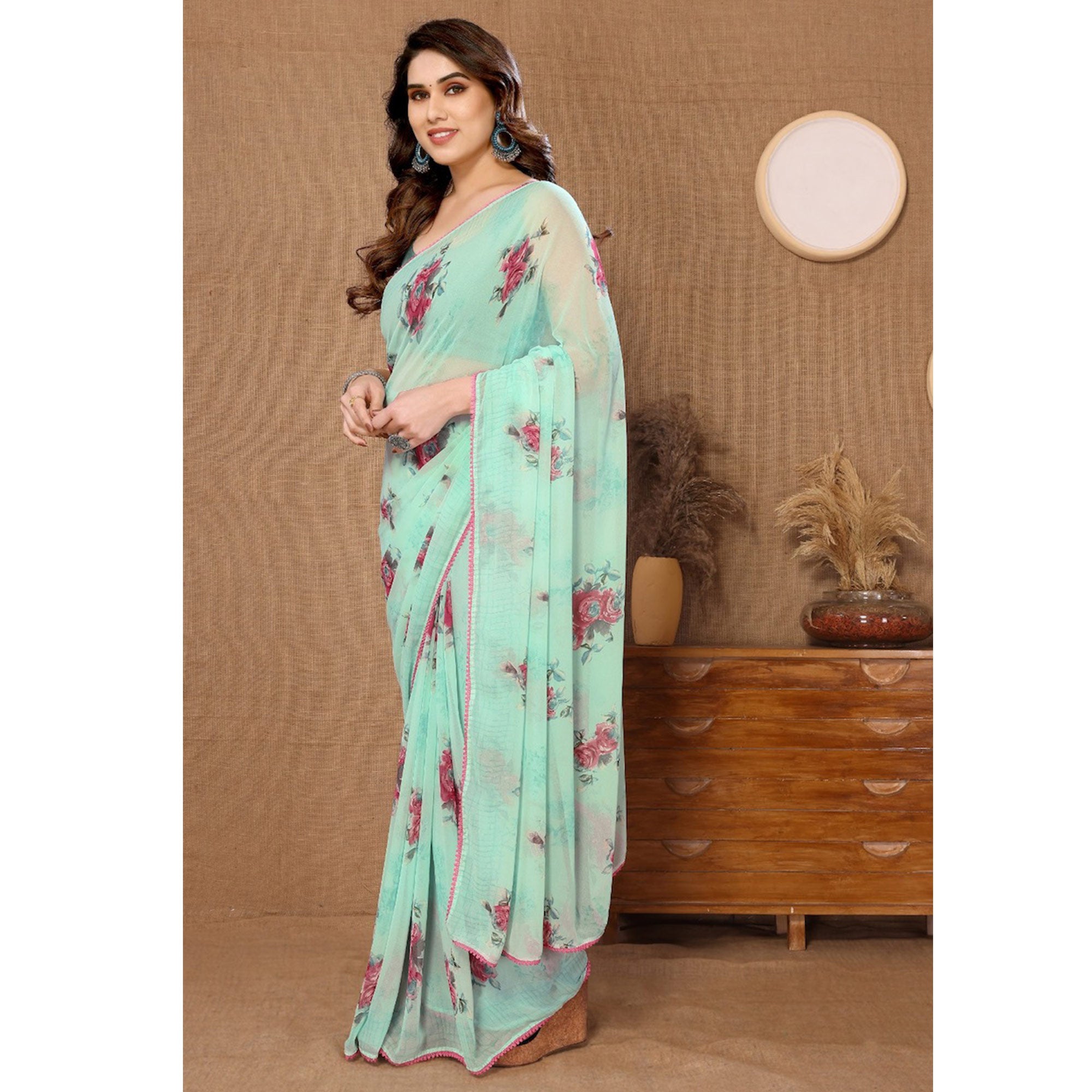 Turquoise Floral Printed Ready To Wear Georgette Saree