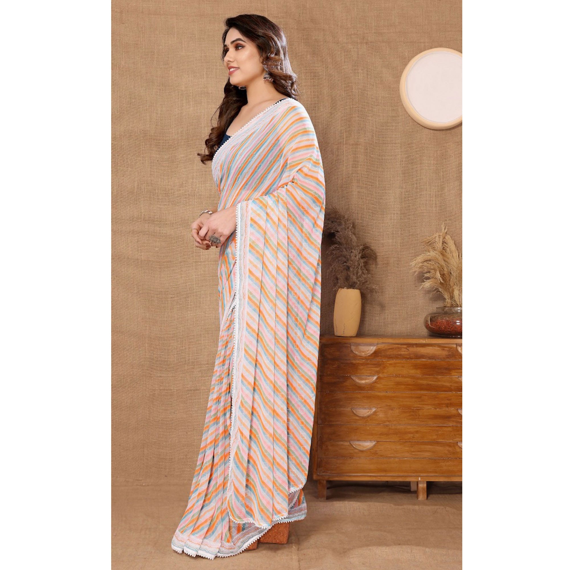 White & Orange Striped Printed Ready To Wear Georgette Saree