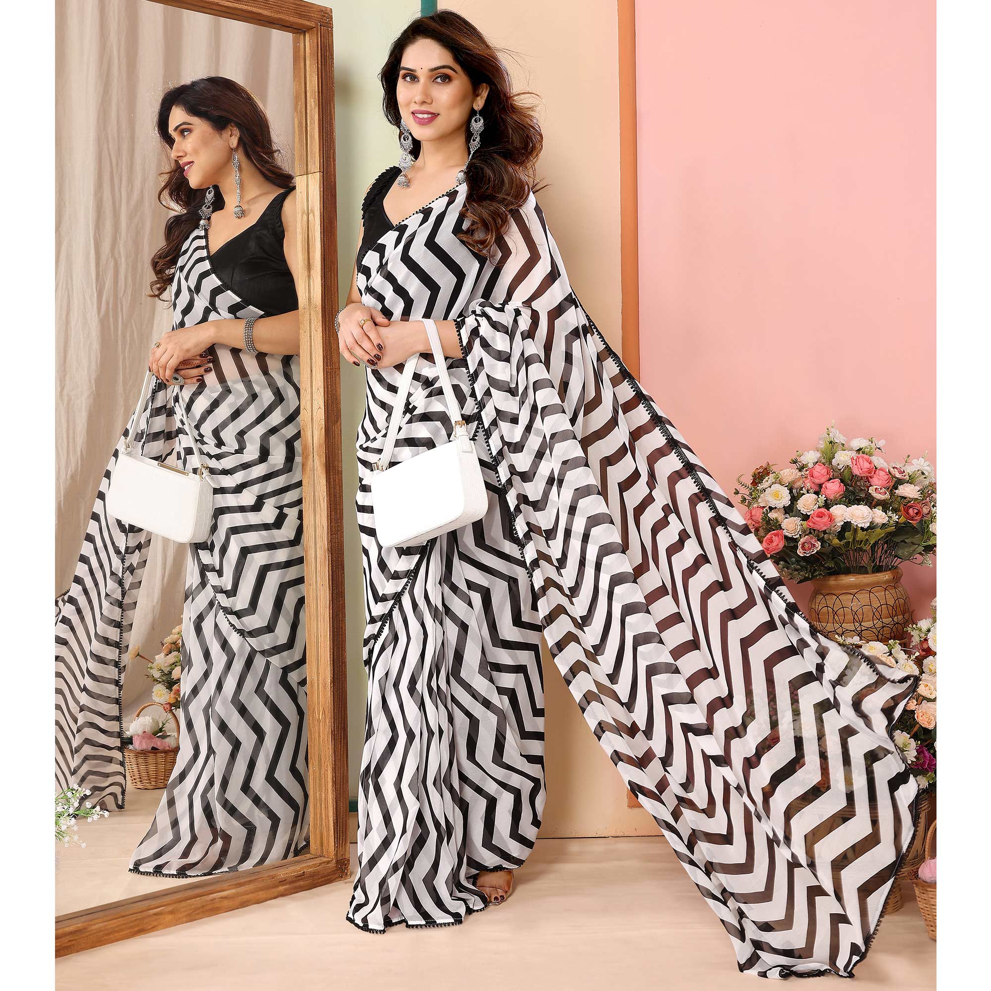 White & Black Zig Zag Printed Georgette Ready To Wear Saree