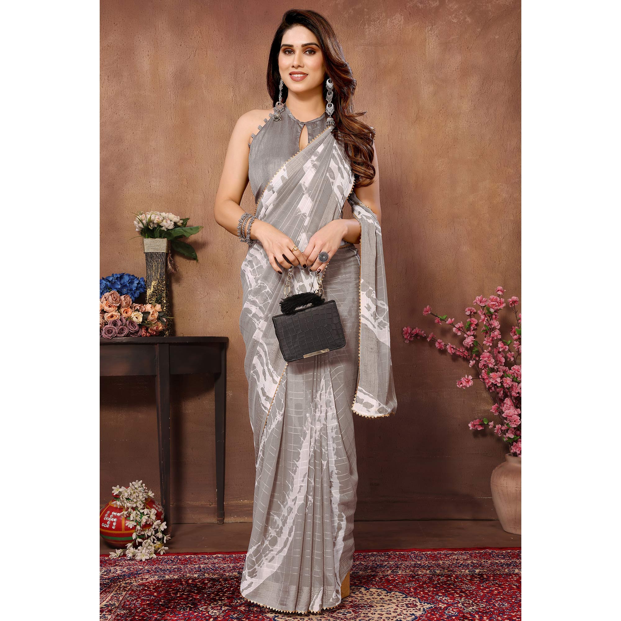 Light Grey Woven With Printed Ready To Wear Georgette Saree