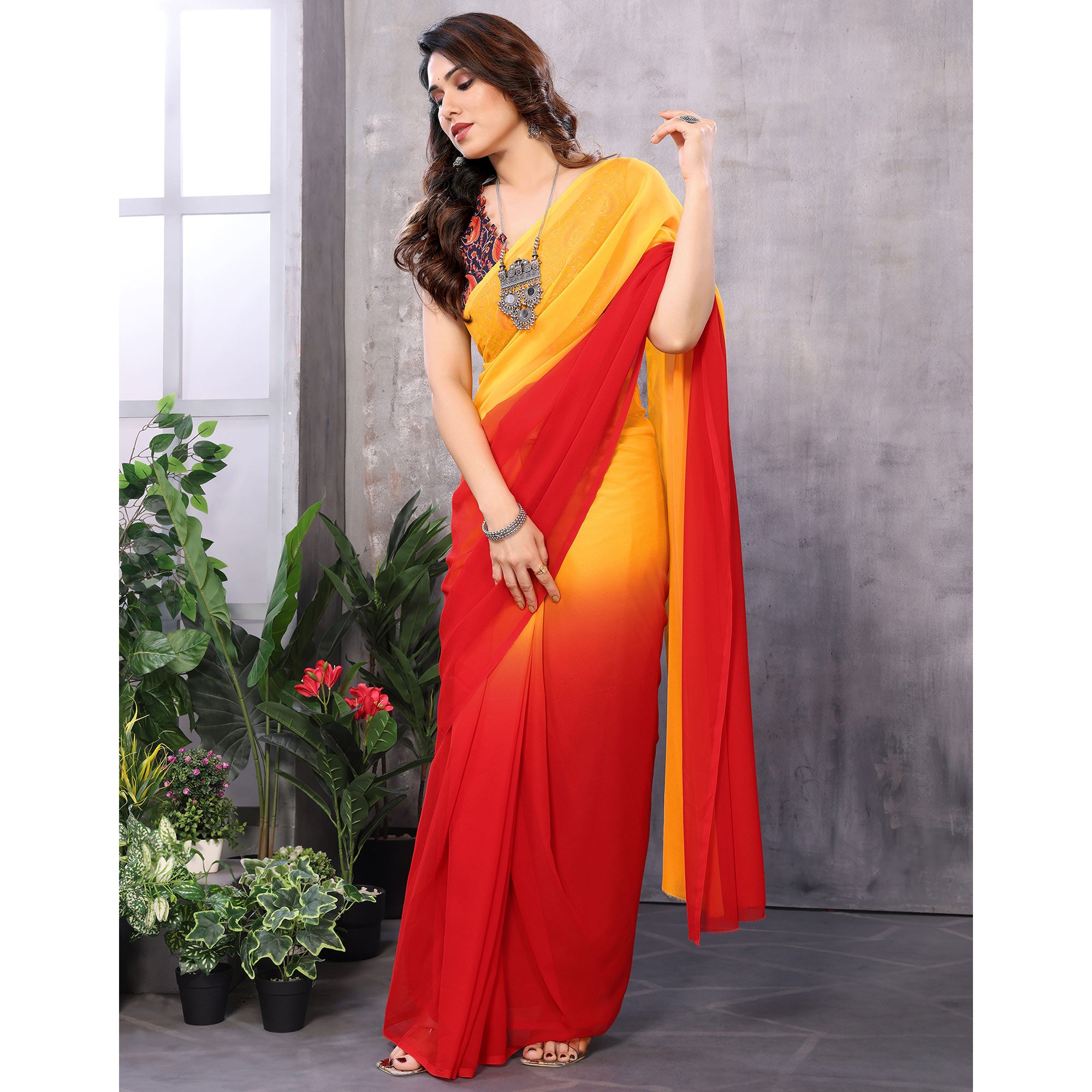 Red & Orange Ombre Printed Georgette Ready To Wear Saree