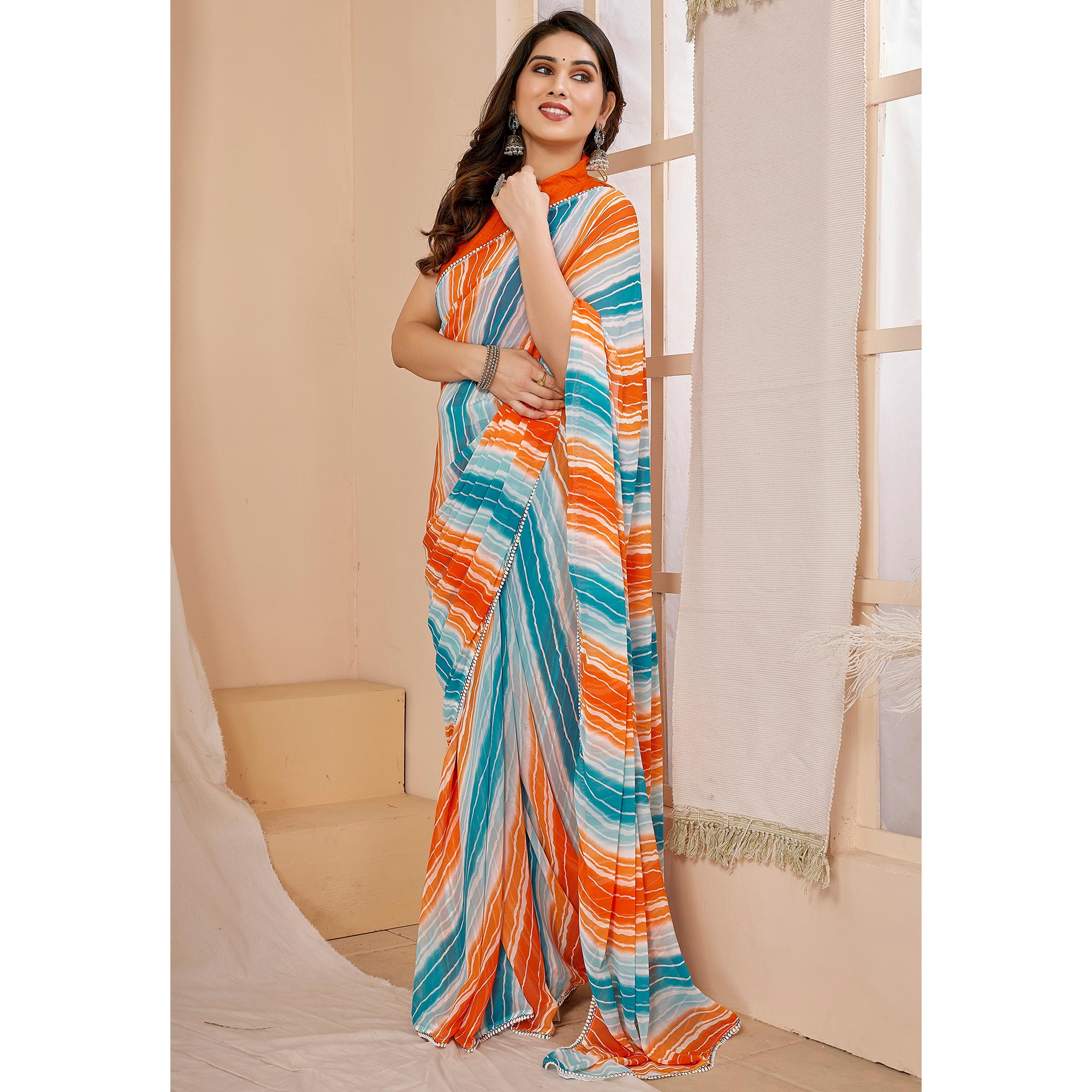 Orange & Sky Blue Printed Ready To Wear Georgette Saree