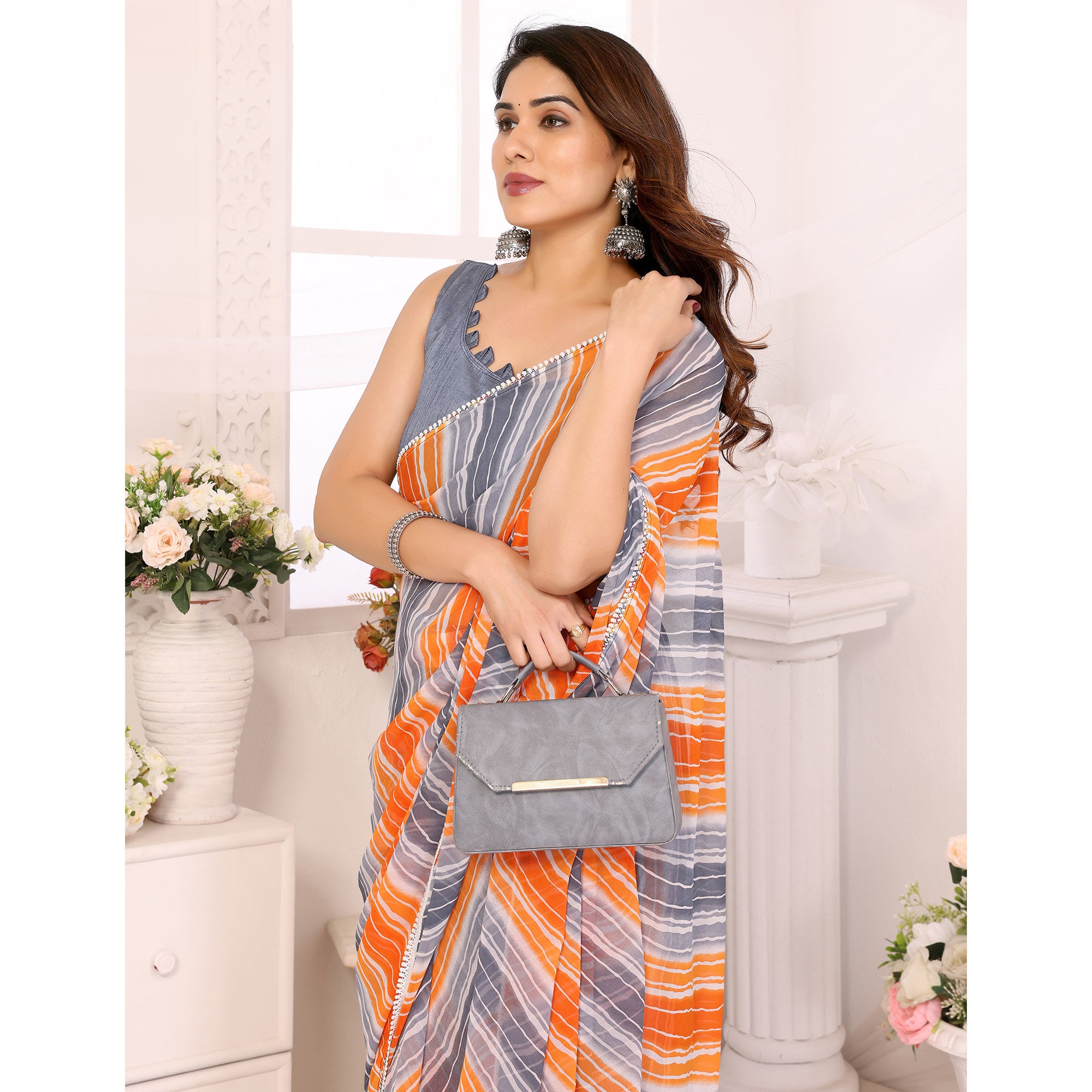 Grey & Orange Leheriya Printed Georgette Ready To Wear Saree