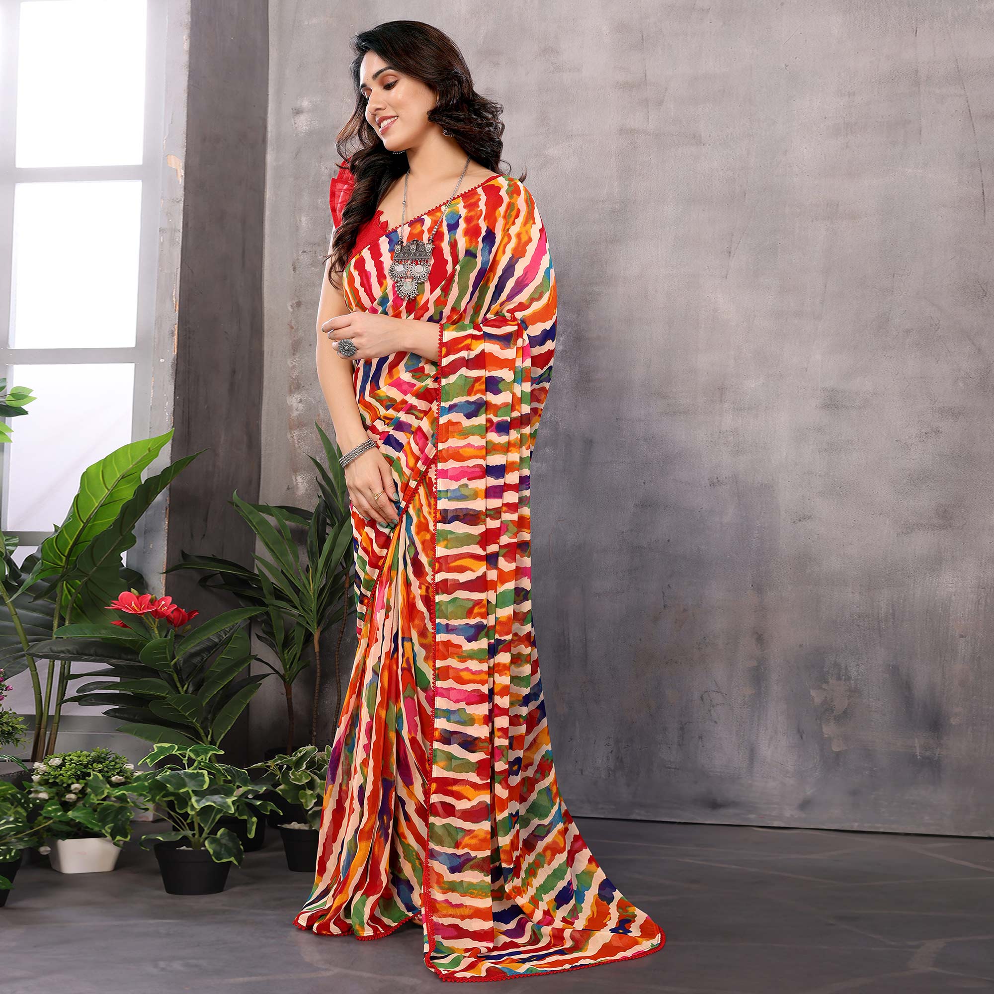 Multicolor Striped Printed Georgette Ready To Wear Saree