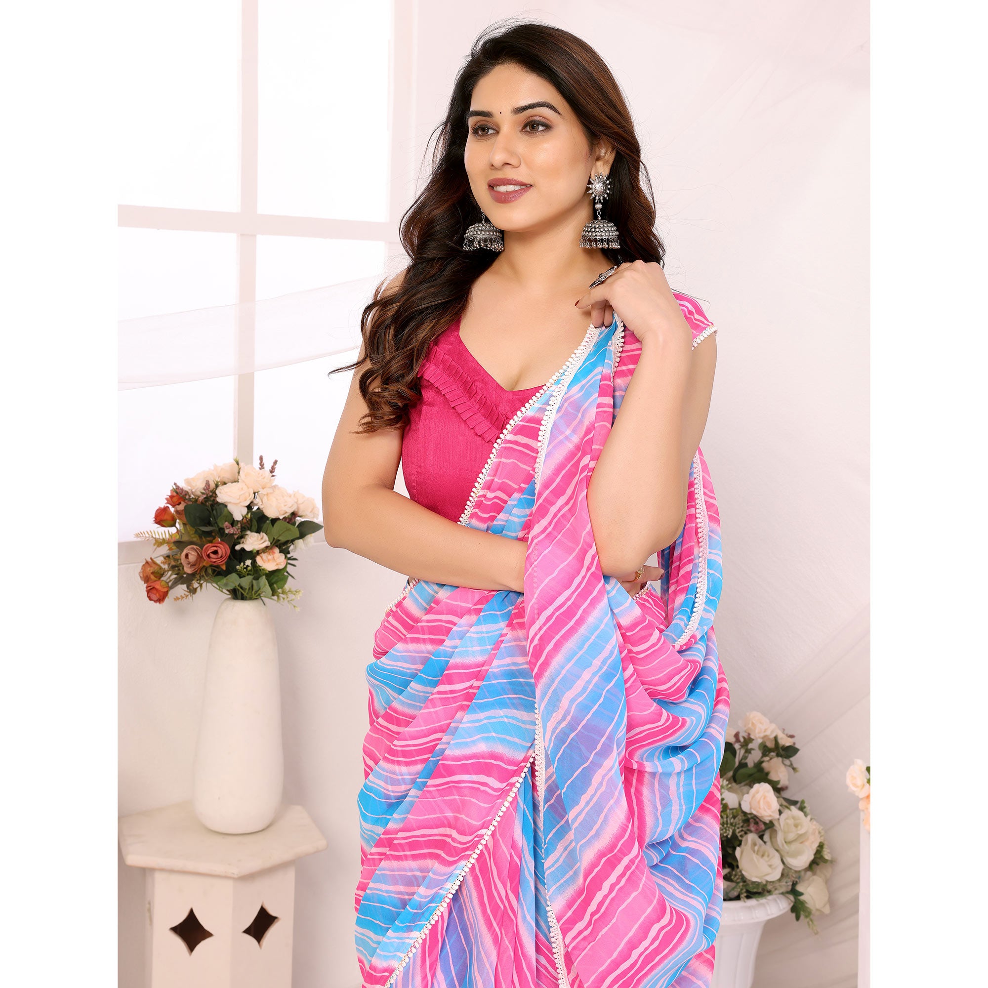 Pink & Blue Leheriya Printed Georgette Ready To Wear Saree