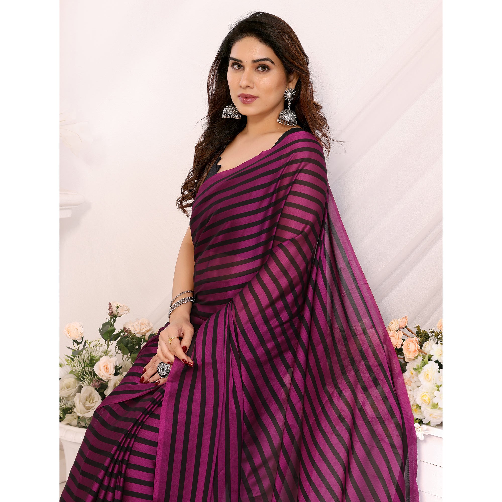 Purple Striped Printed Georgette Ready To Wear Saree