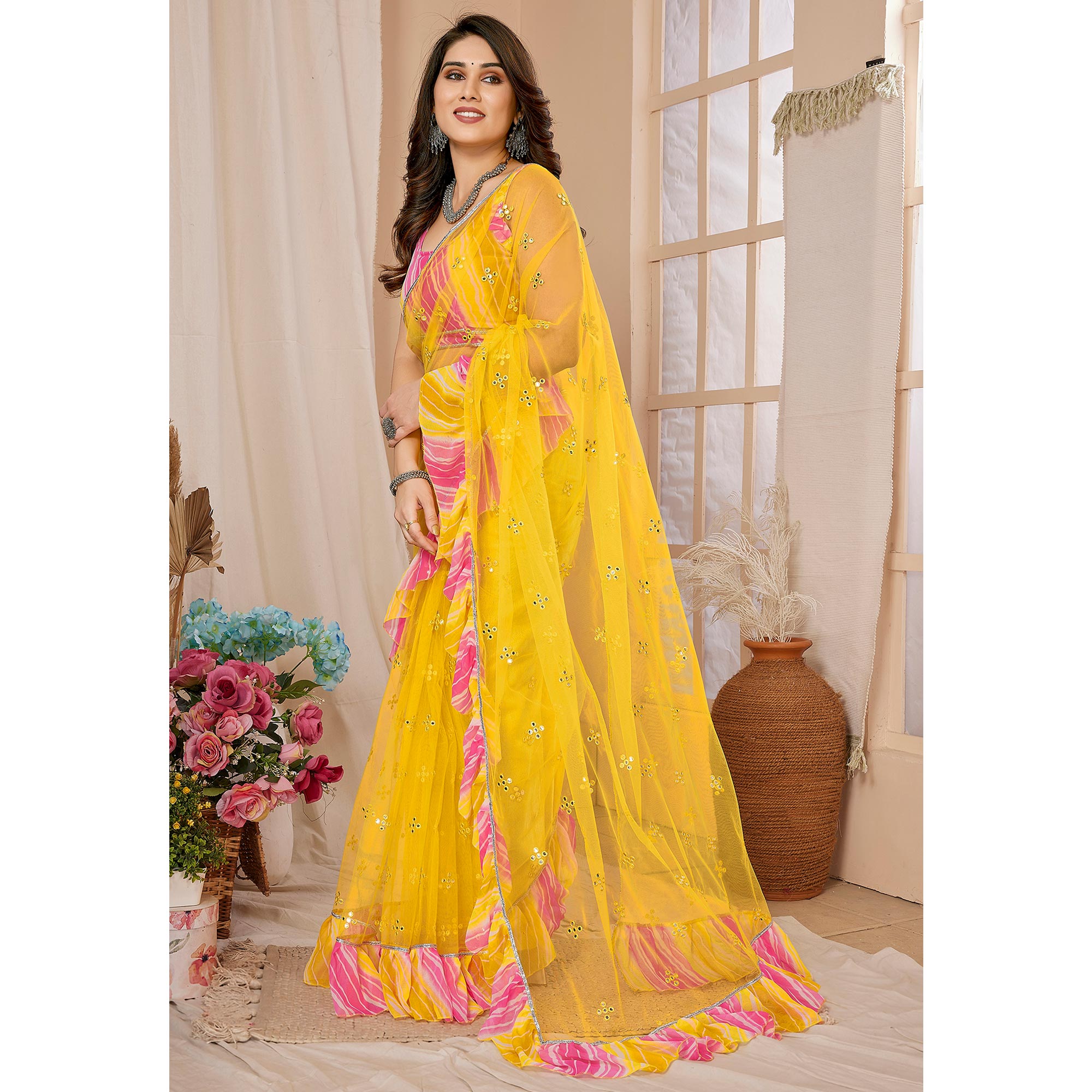 Yellow Embroidered Georgette Ruffle Saree