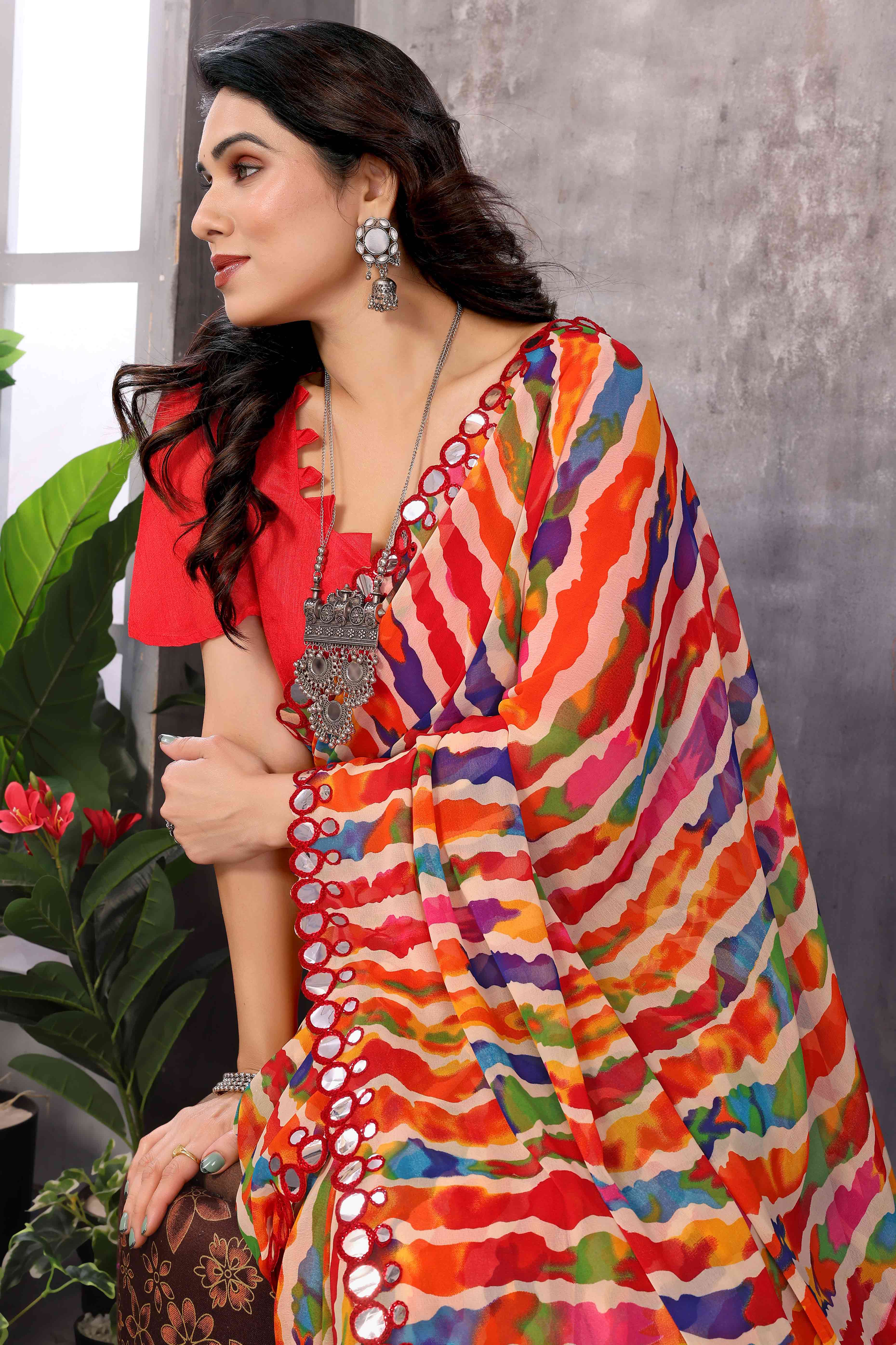 Multicolor Striped Printed Georgette Saree With Embroidered Border