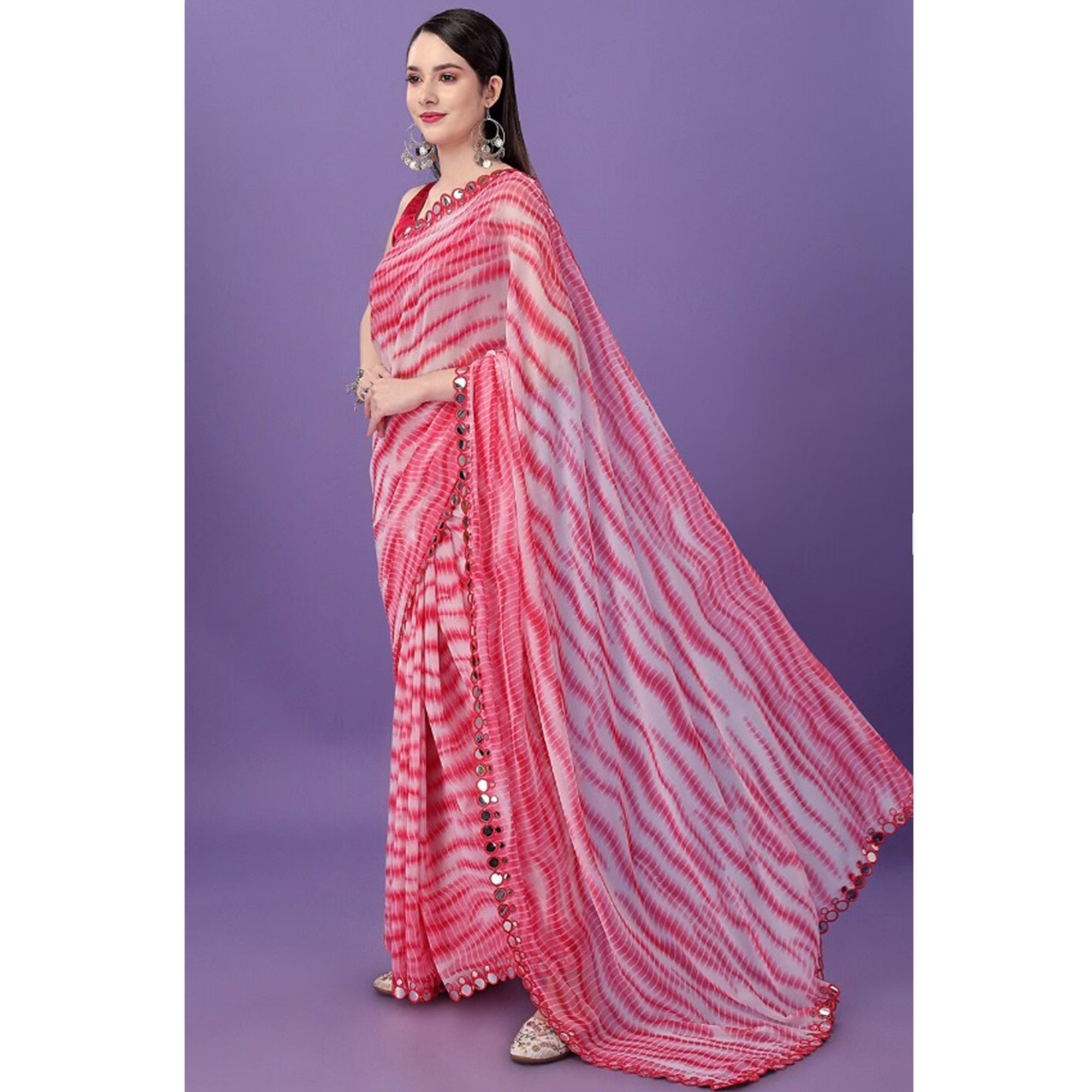 Pink Printed With Embroidered Border Georgette Saree