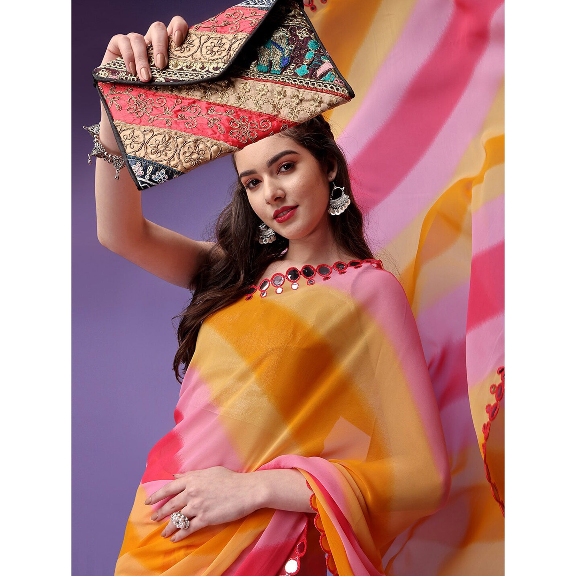 Yellow & Pink Printed With Embroidered Border Georgette Saree