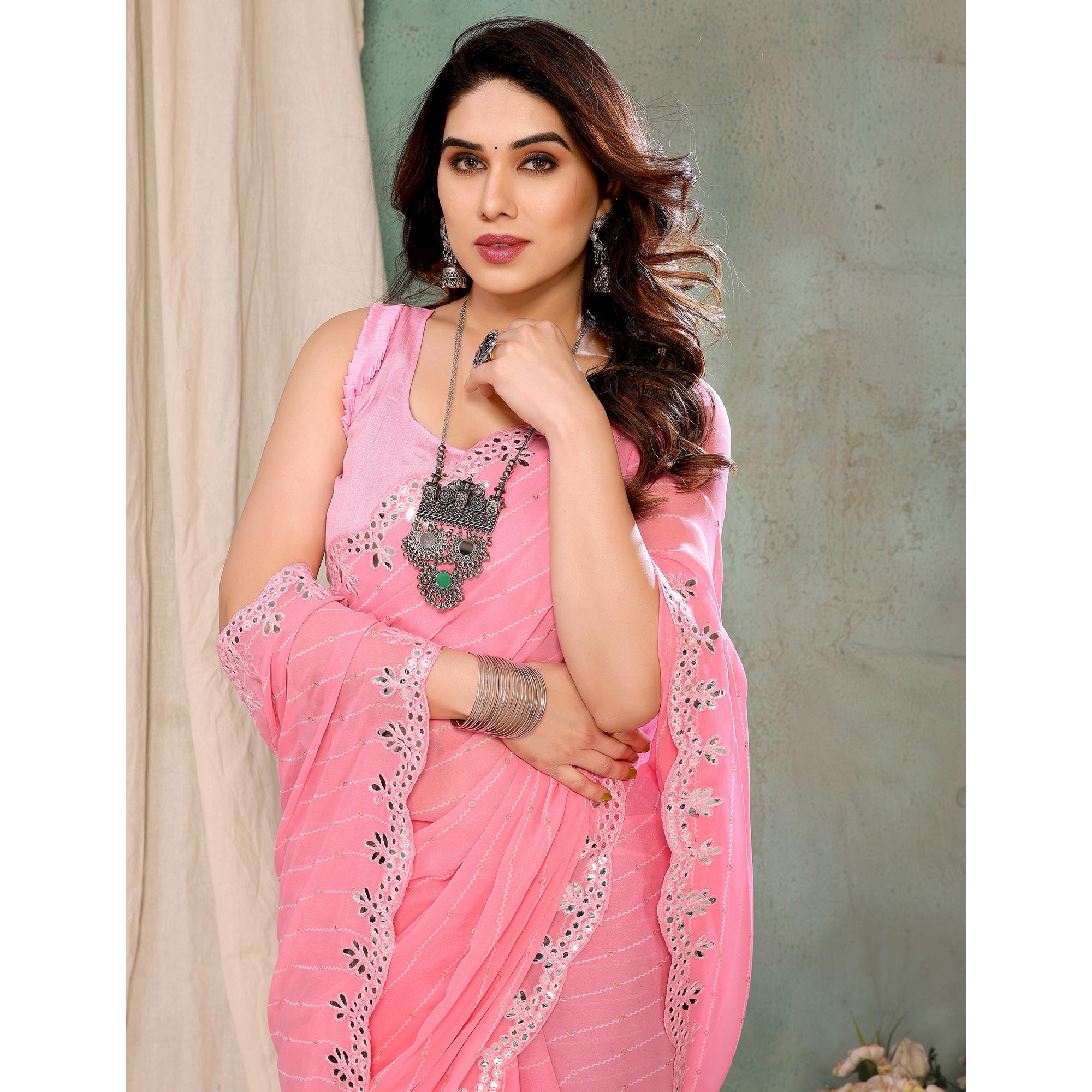 Pink Embroidered Georgette Saree With Mirror Work Border