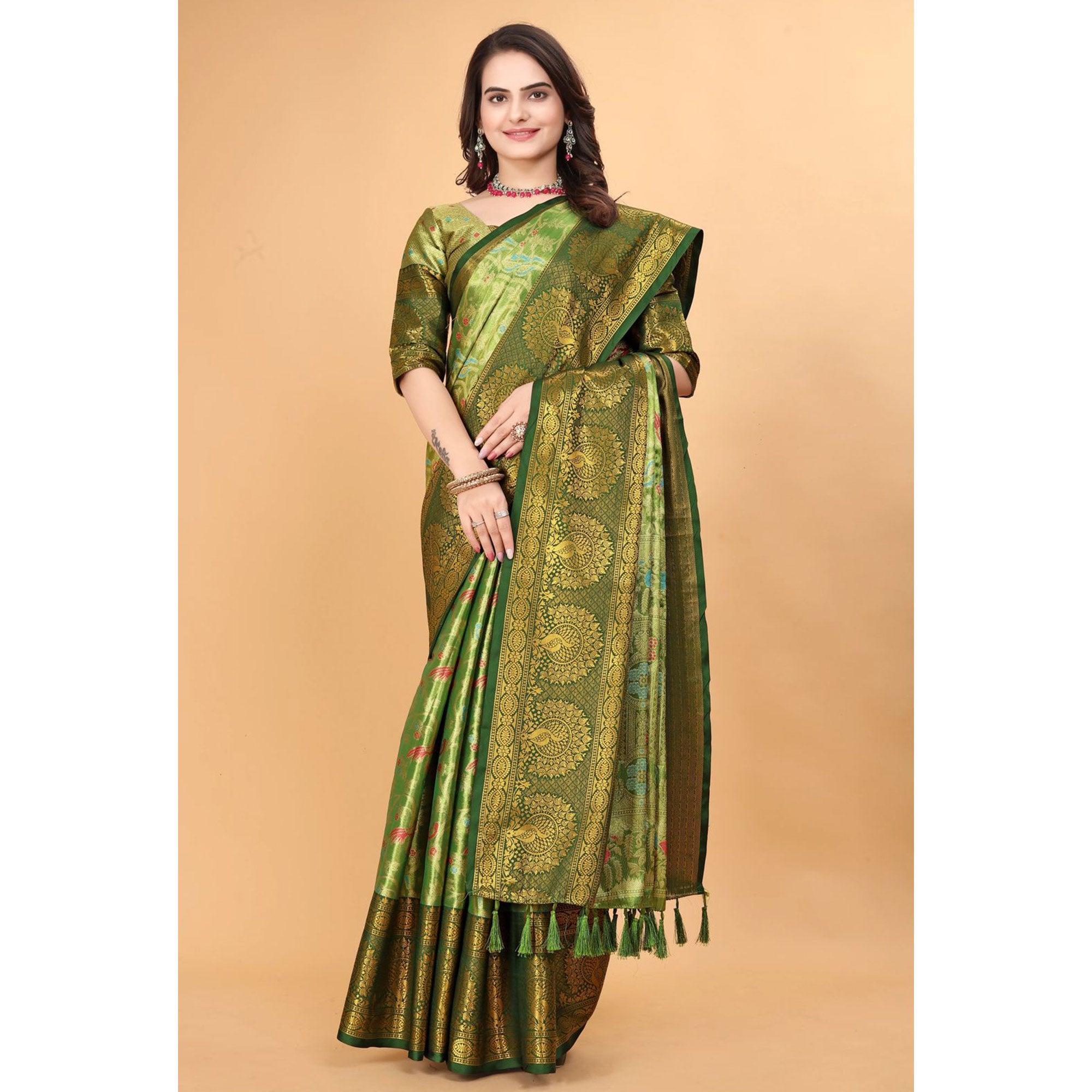 Green Floral Woven Tissue Silk Saree With Tassels
