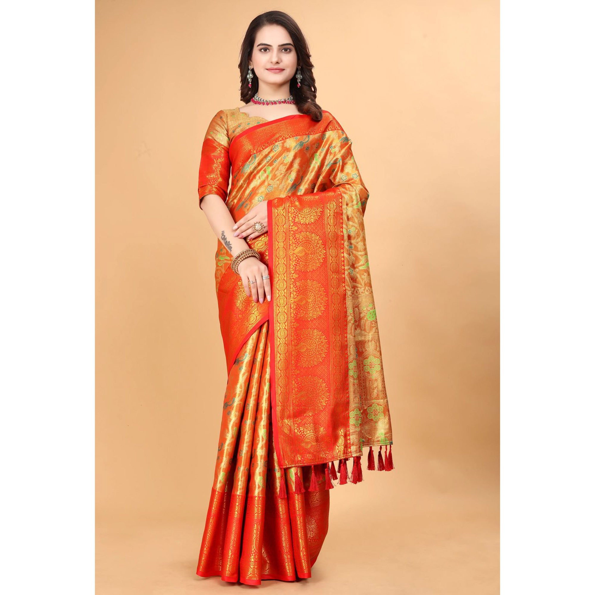 Orange & Red Floral Woven Tissue Silk Saree With Tassels