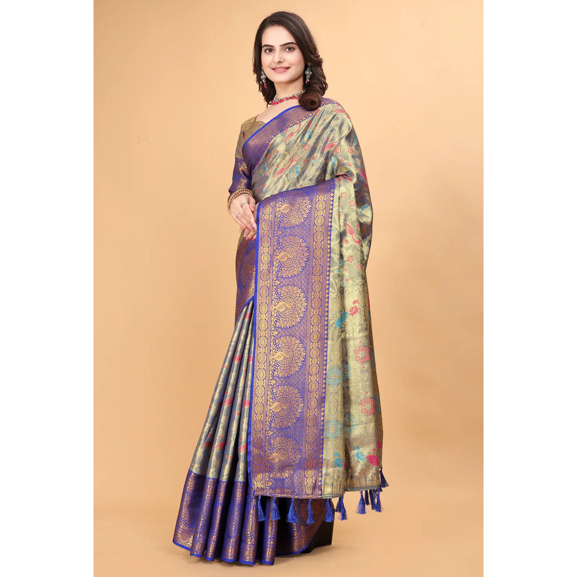 Royal Blue Floral Woven Tissue Silk Saree With Tassels