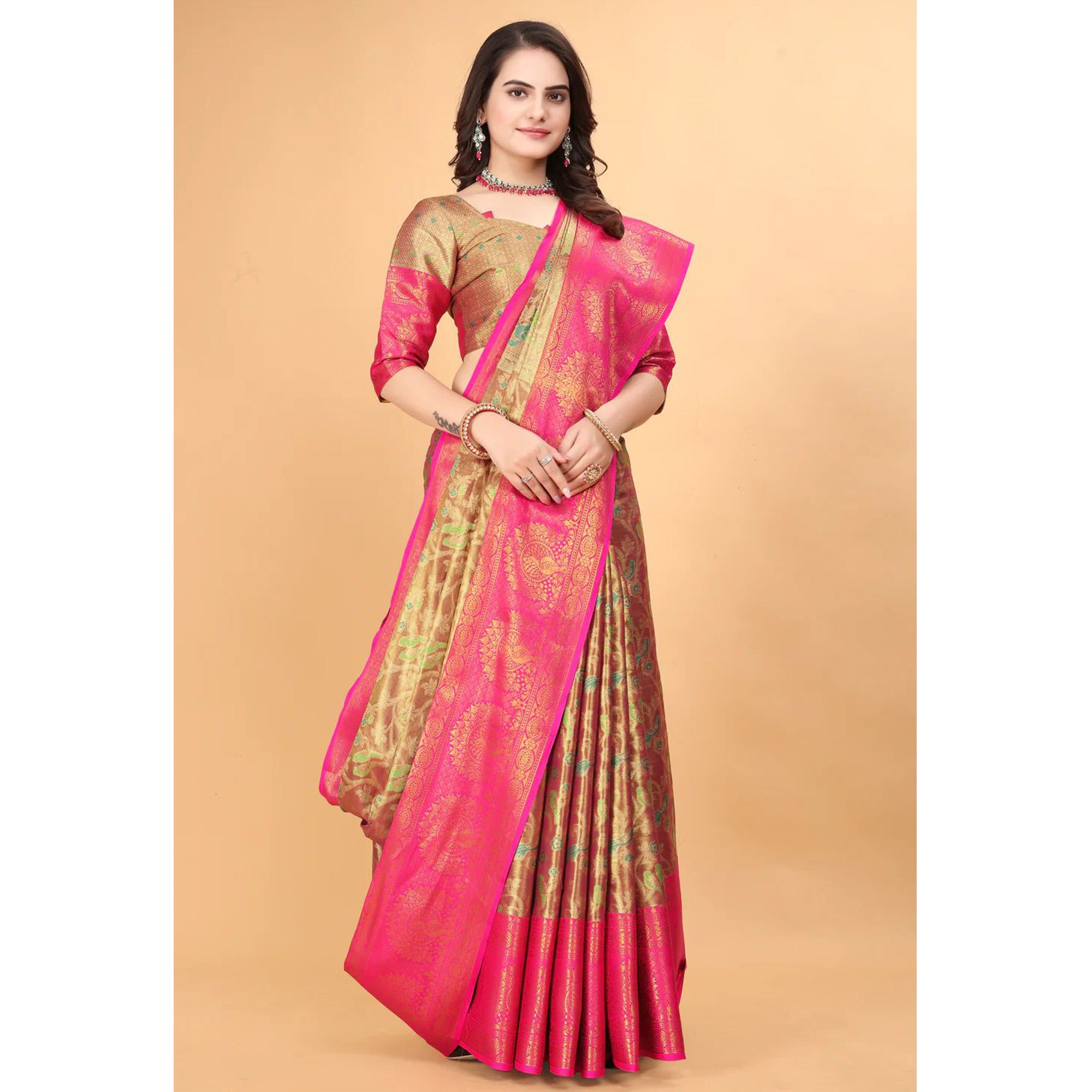 Rani Pink Floral Woven Tissue Silk Saree With Tassels