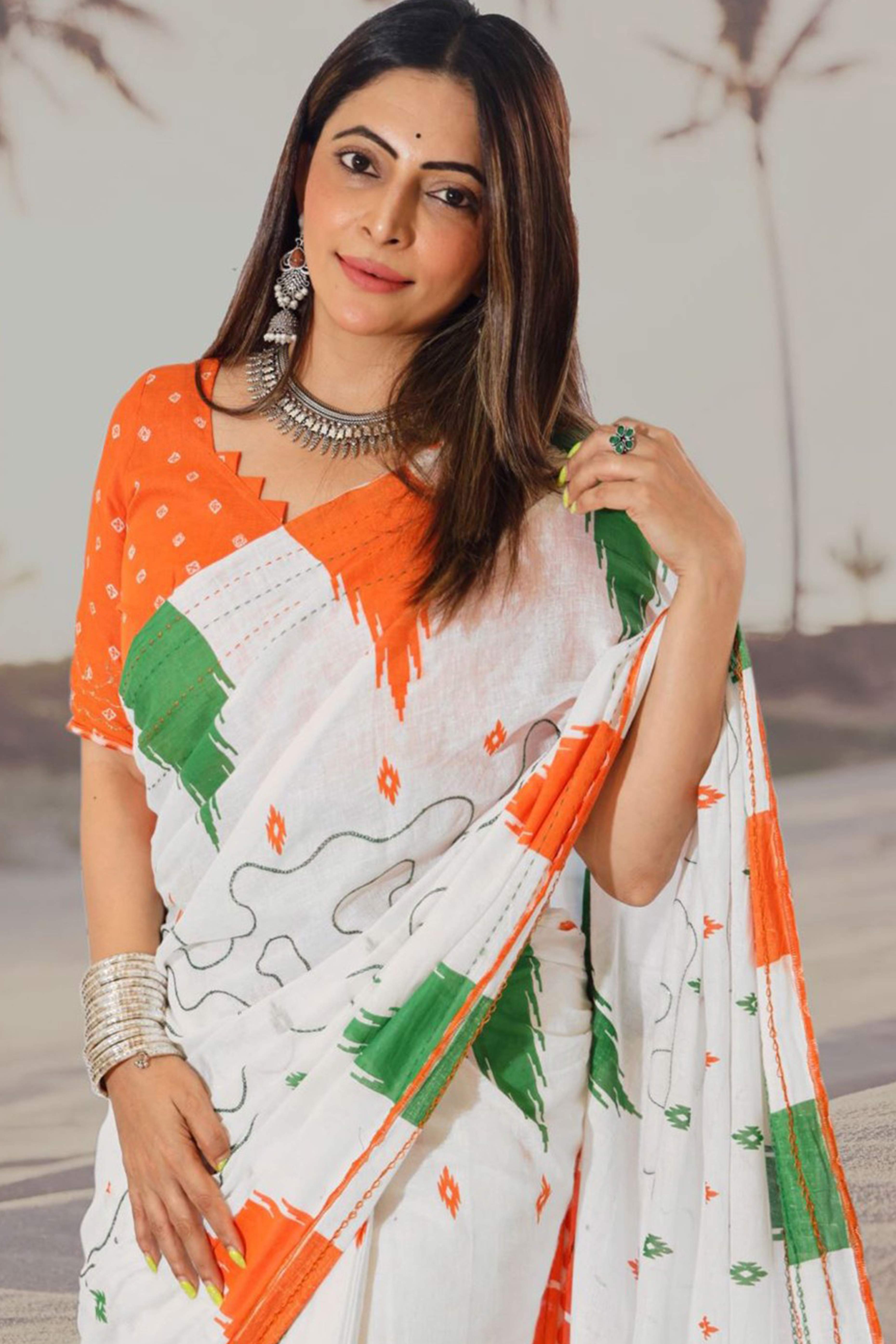 White Tiranga Printed khaadi Saree