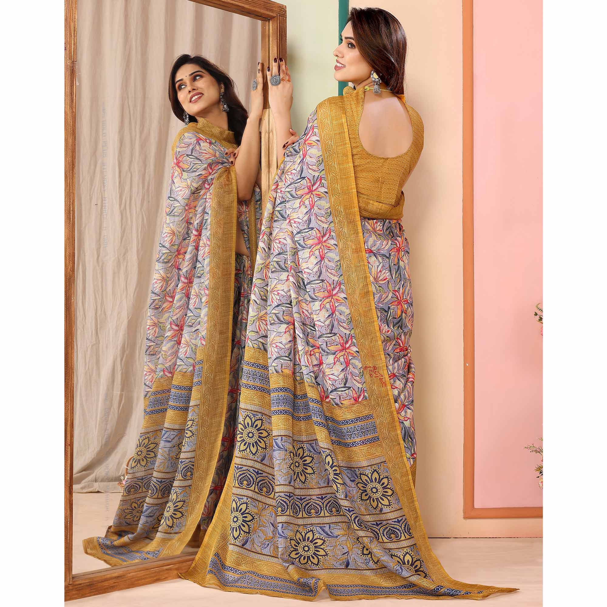 Grey & Mustard Floral Printed Kota Doria Saree