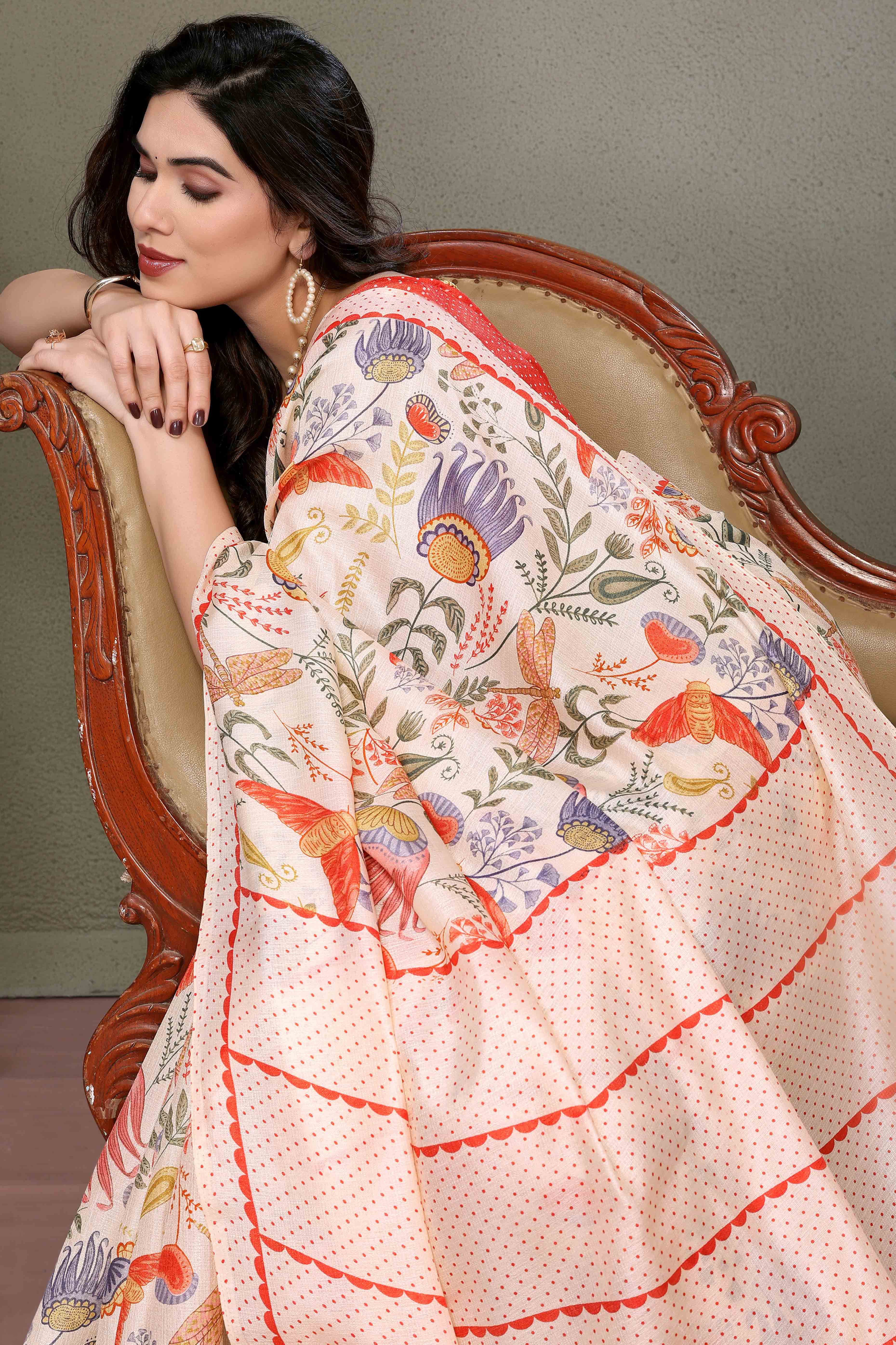 Cream Floral Printed Khaadi Saree