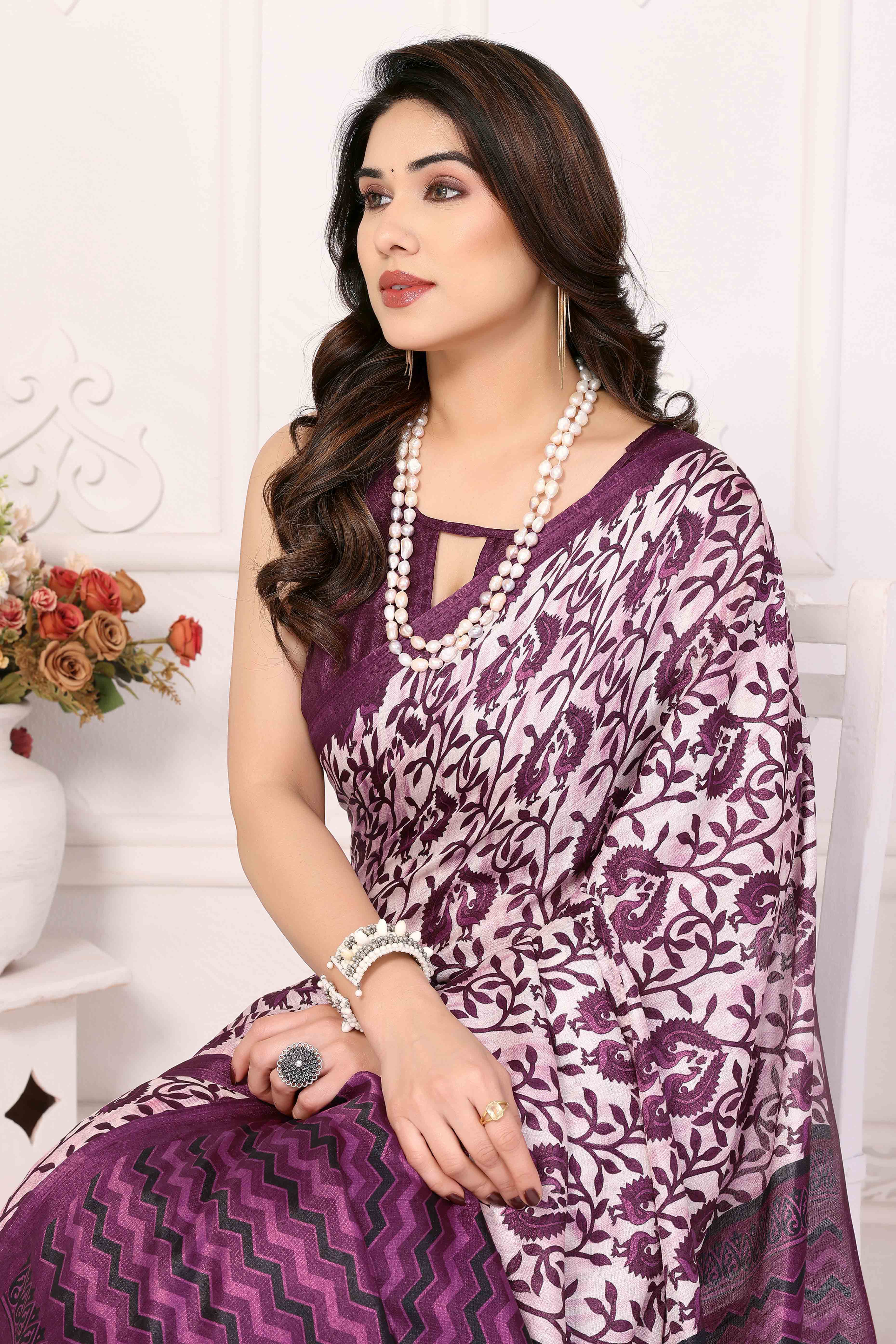 Purple Floral Printed Khaadi Saree