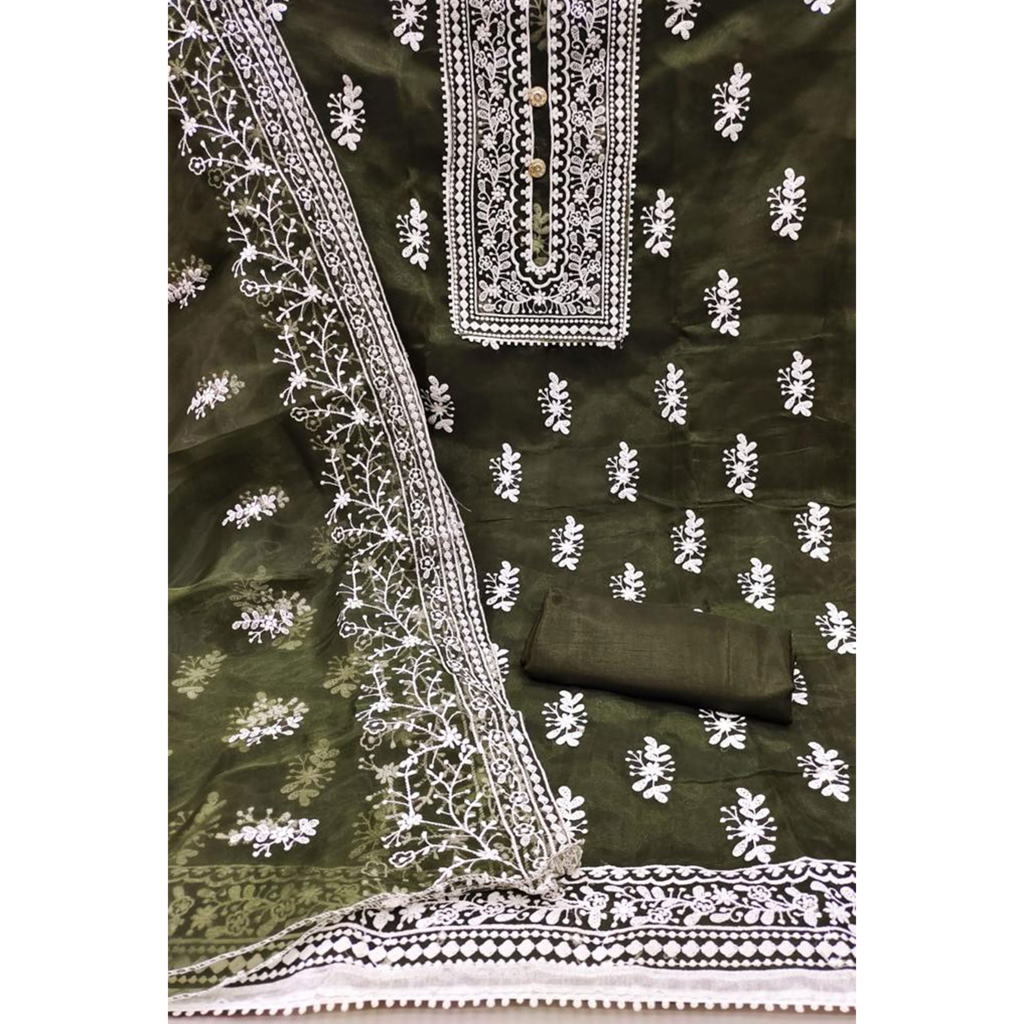 Mehendi Green Floral Embroidered Organza Dress Material