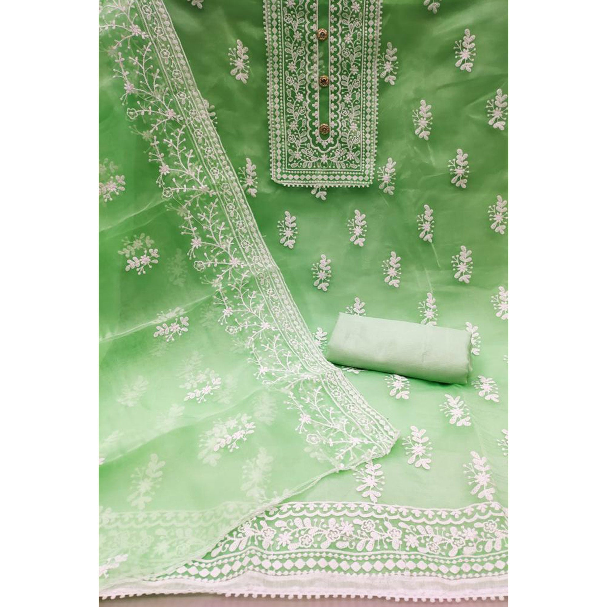 Pista Green Floral Embroidered Organza Dress Material