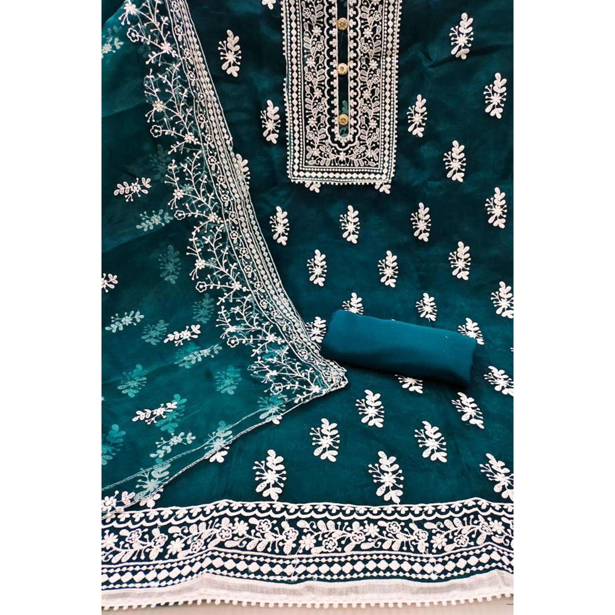 Teal Blue Floral Embroidered Organza Dress Material