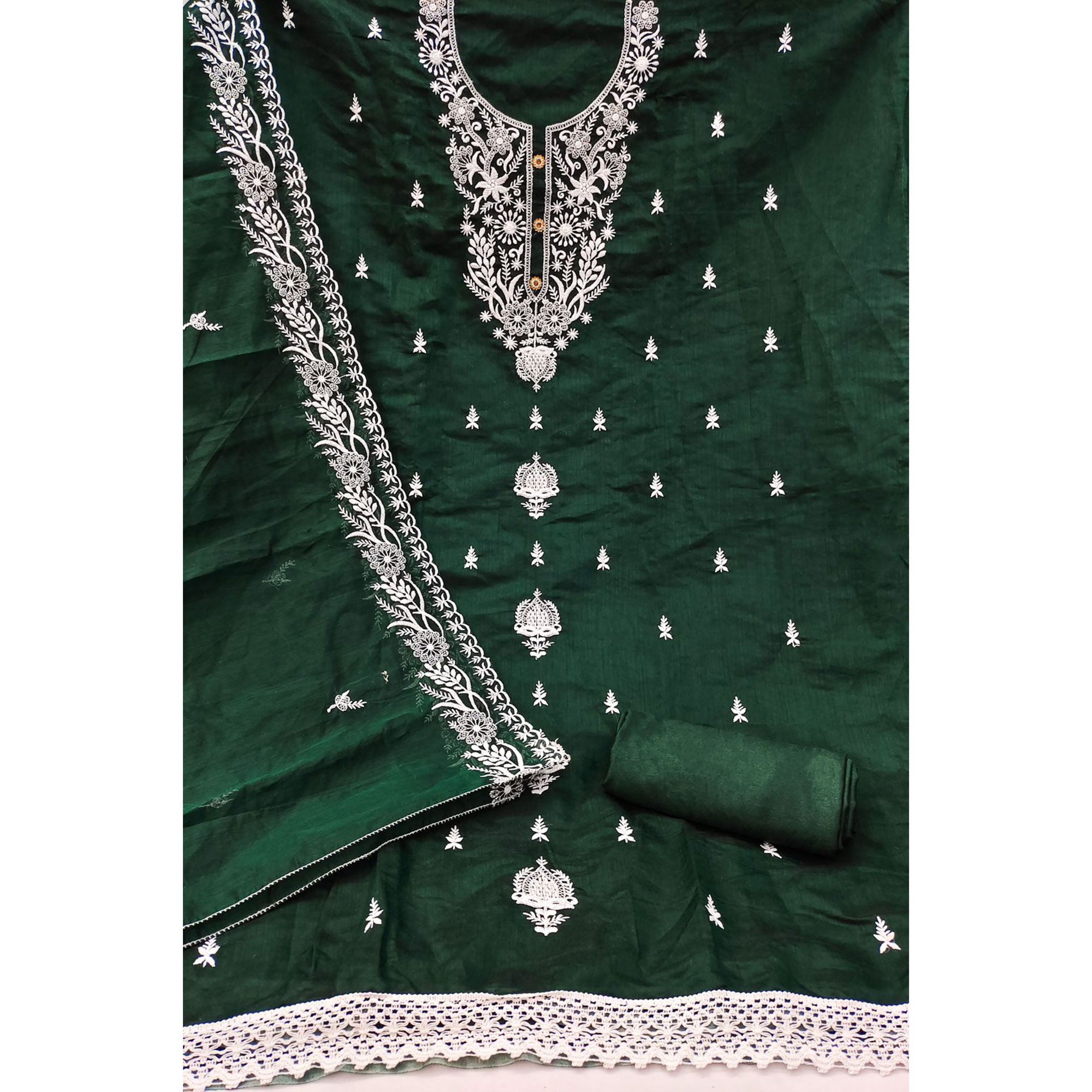 Bottle Green Floral Embroidered Chanderi Dress Material