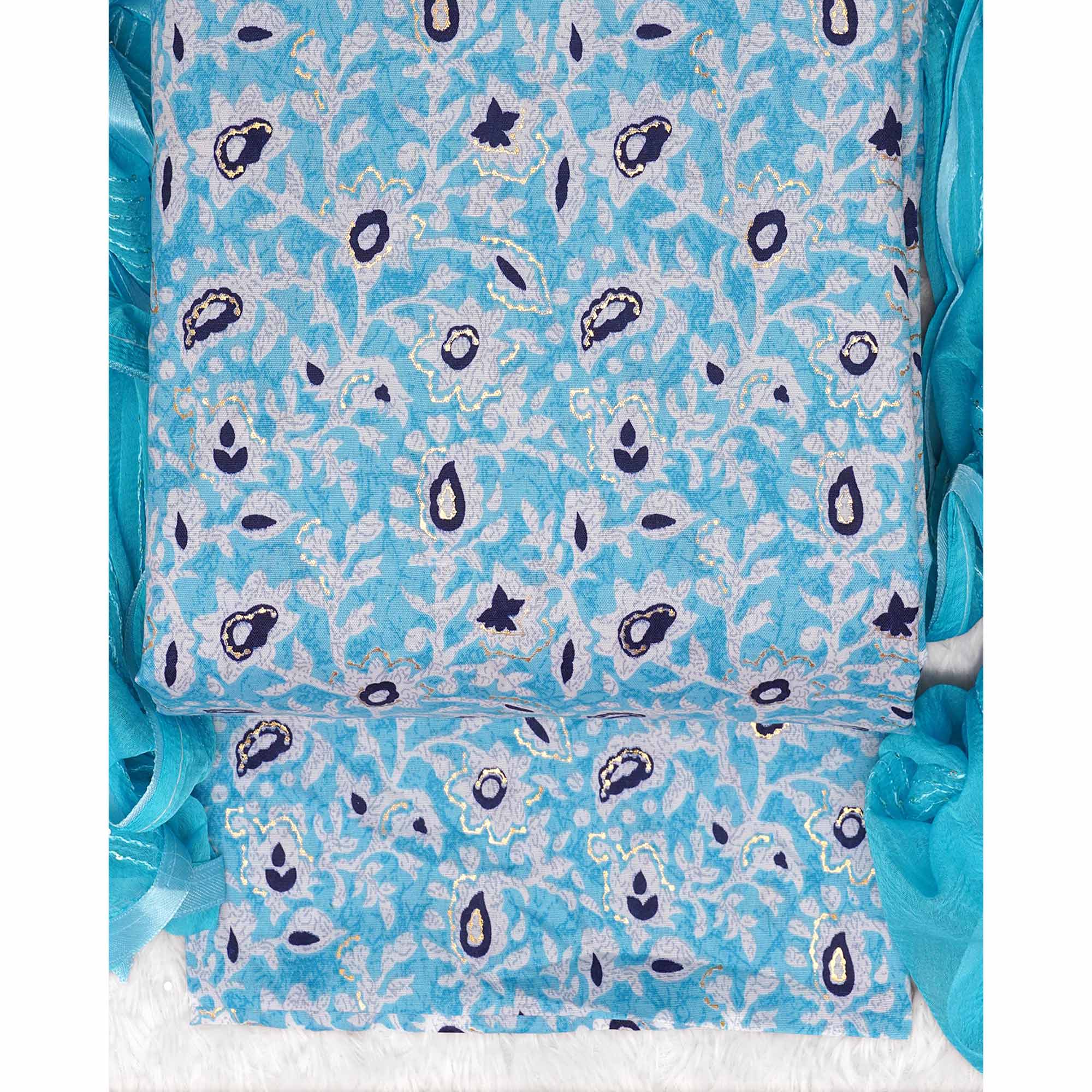 Blue Foil Printed Cotton Blend Dress Material