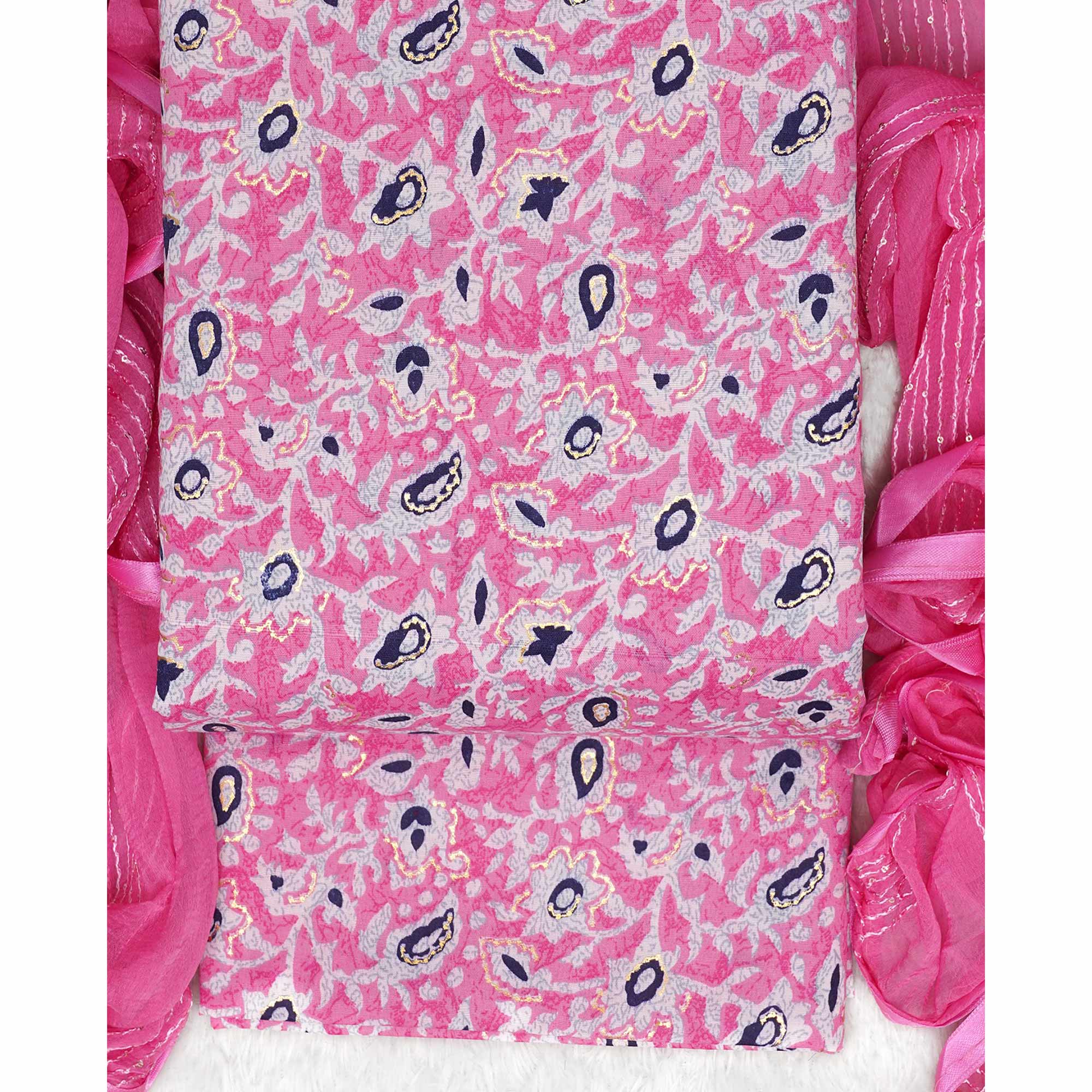 Pink Foil Printed Cotton Blend Dress Material