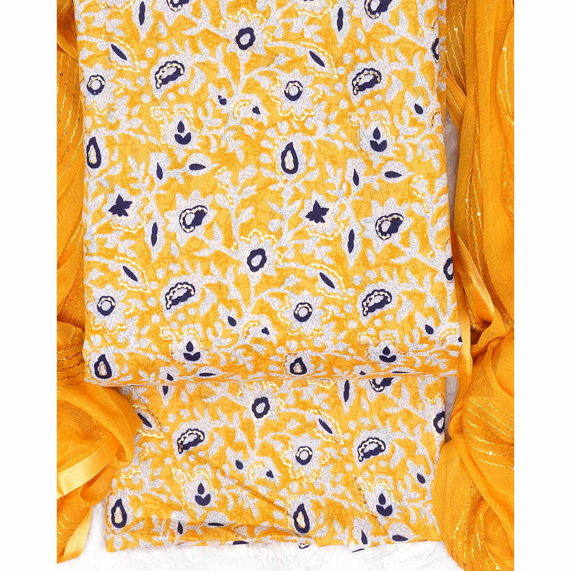 Yellow Foil Printed Cotton Blend Dress Material