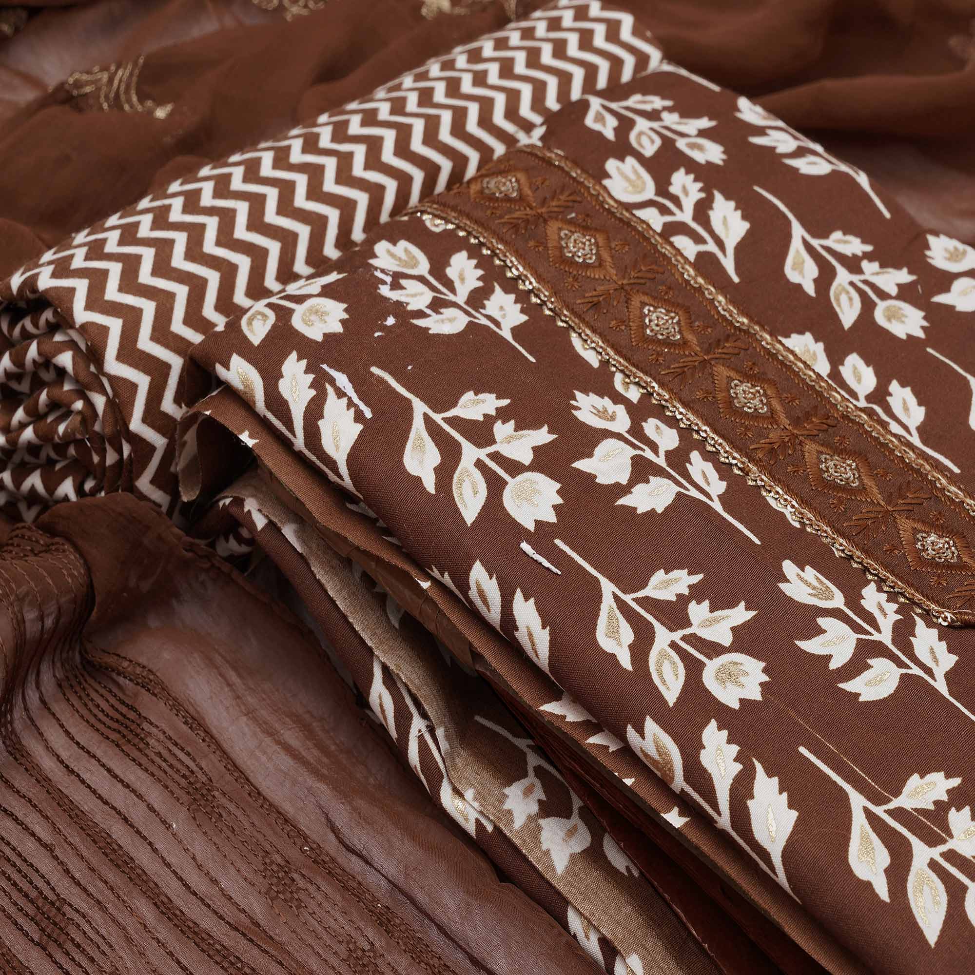 Brown Foil Printed Cotton Blend Dress Material