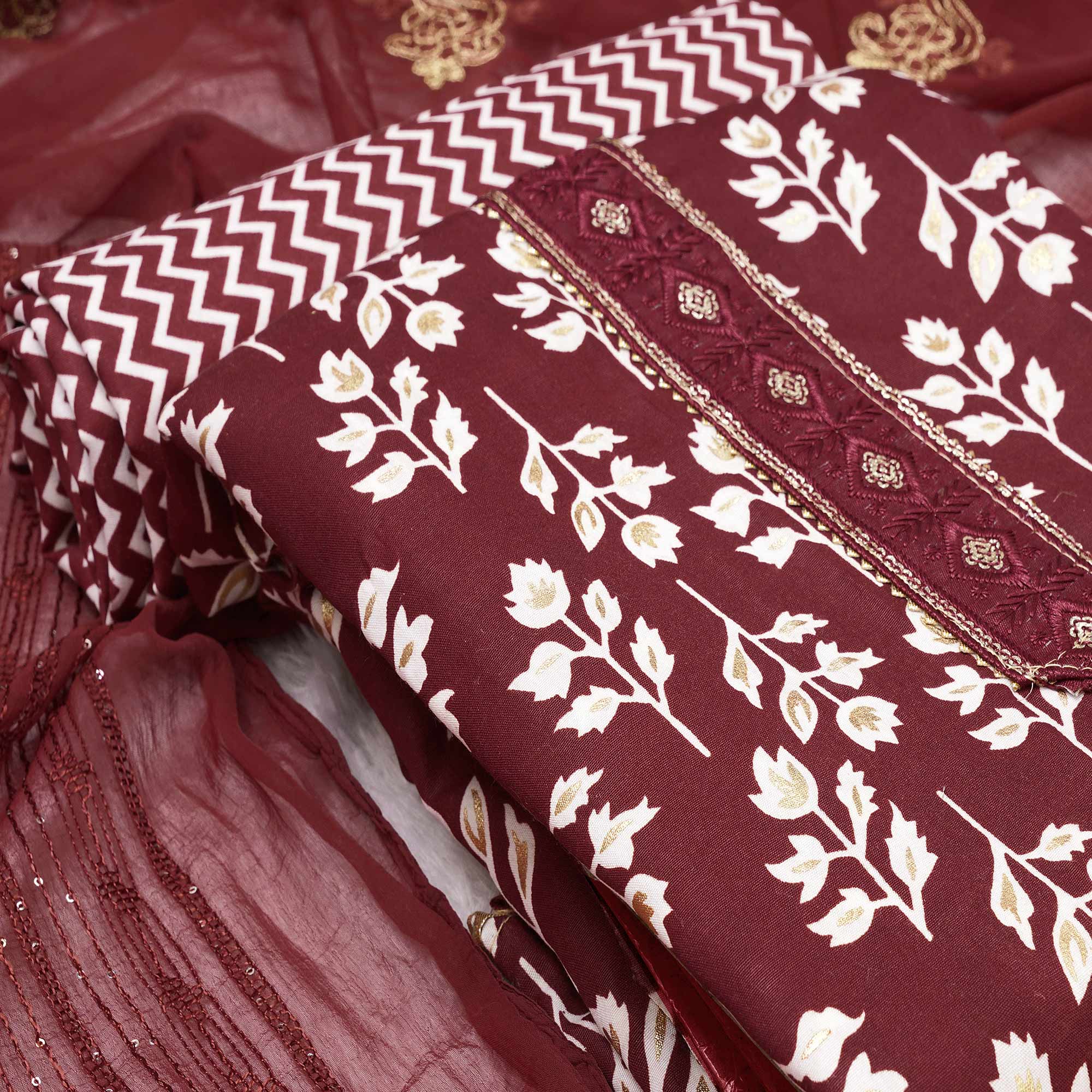 Maroon Foil Printed Cotton Blend Dress Material