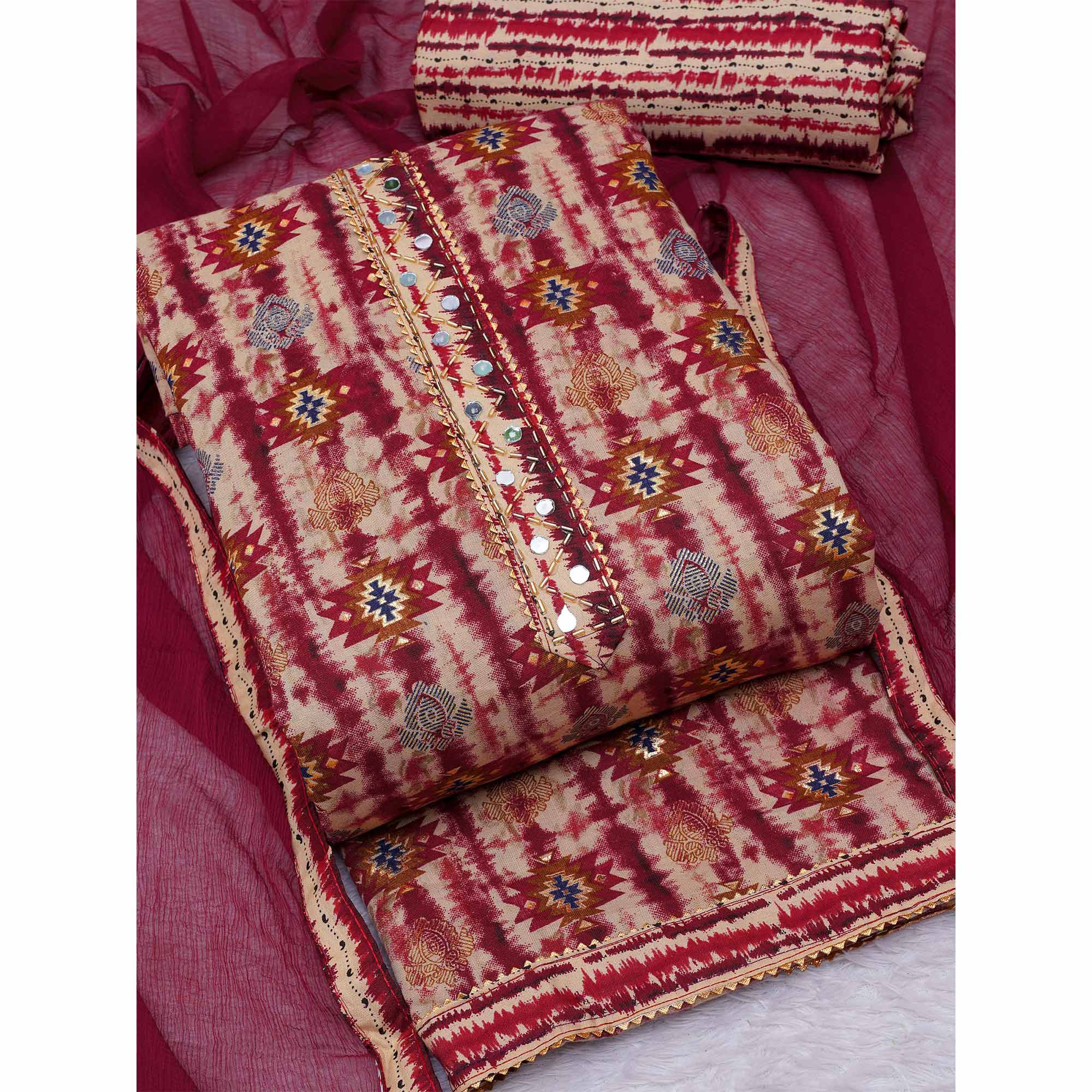 Maroon Foil Printed Cotton Blend Dress Material