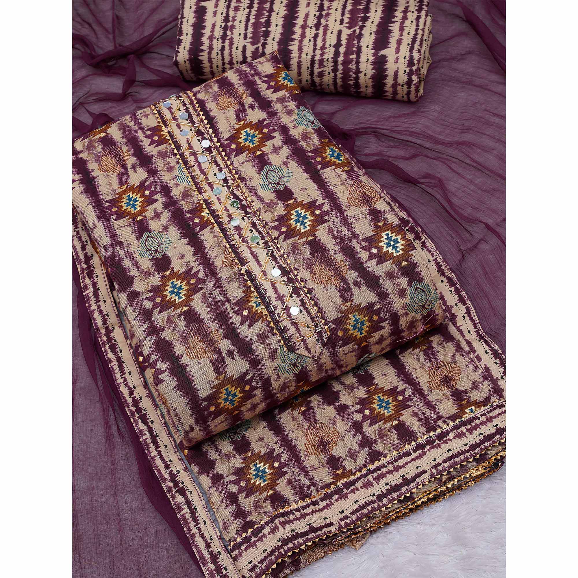 Wine Foil Printed Cotton Blend Dress Material