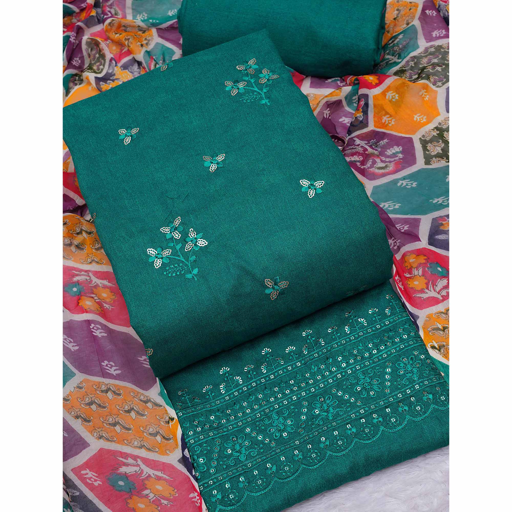 Rama Green Floral Embroidered Cotton Blend Dress Material