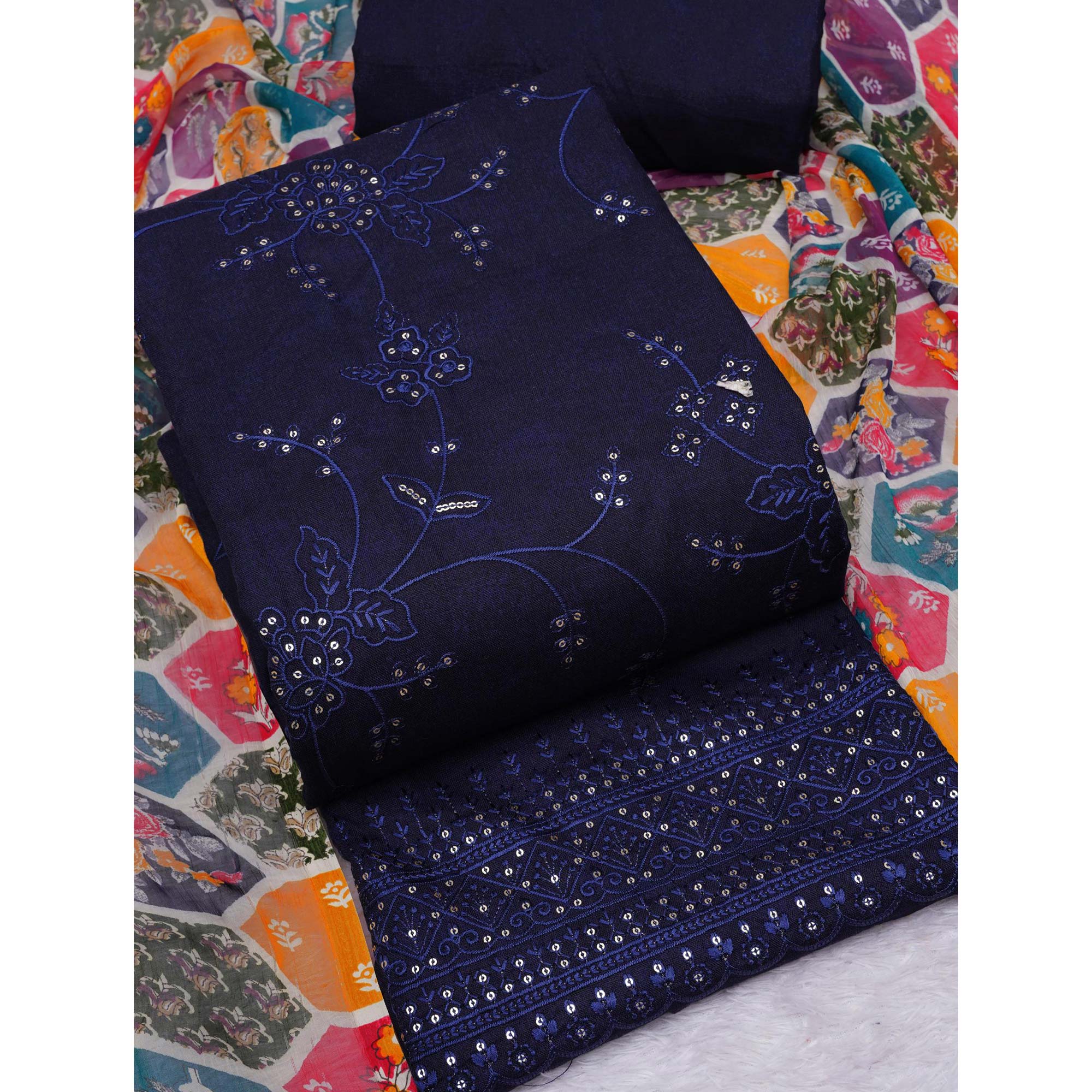 Blue Floral Embroidered Cotton Blend Dress Material