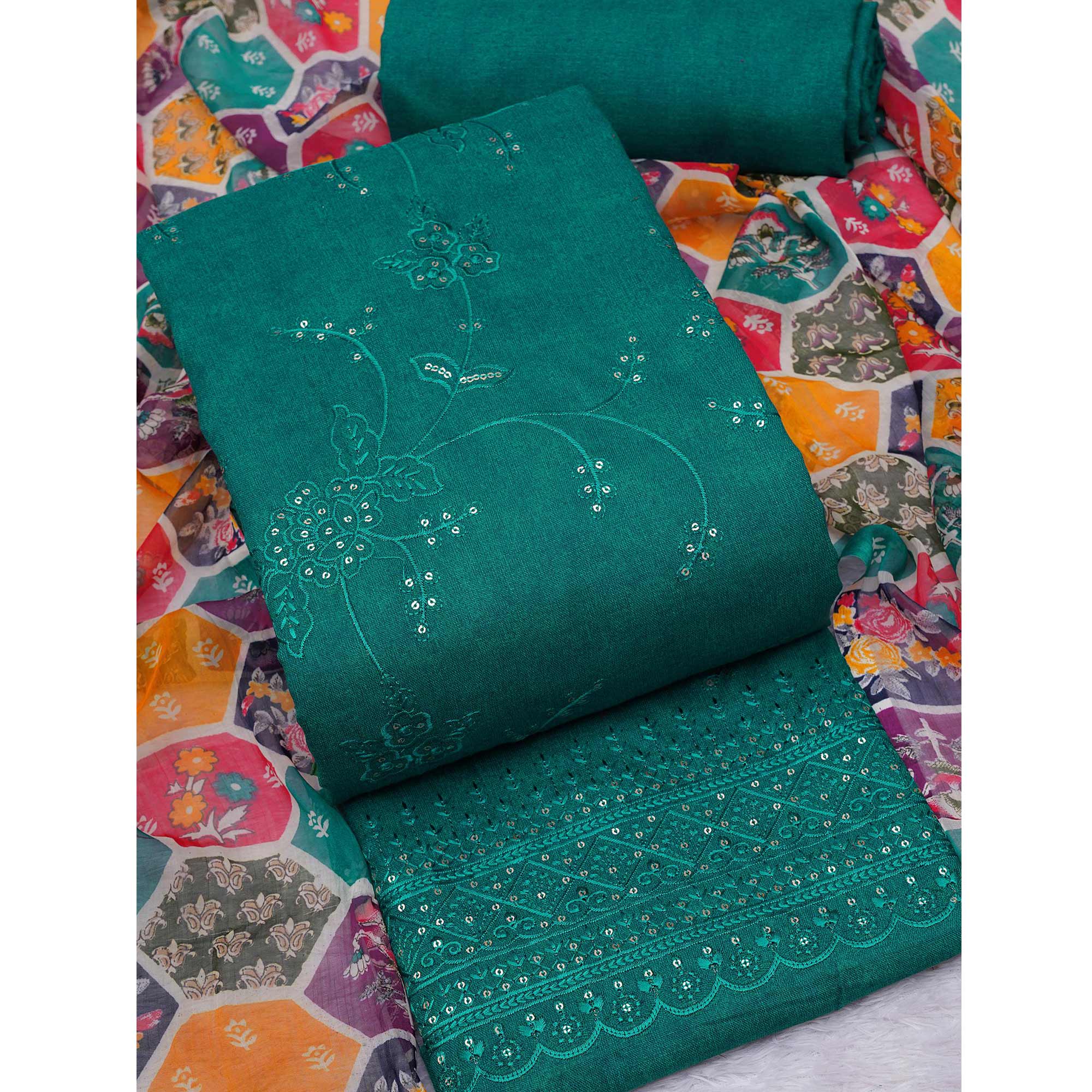 Rama Green Floral Embroidered Cotton Blend Dress Material