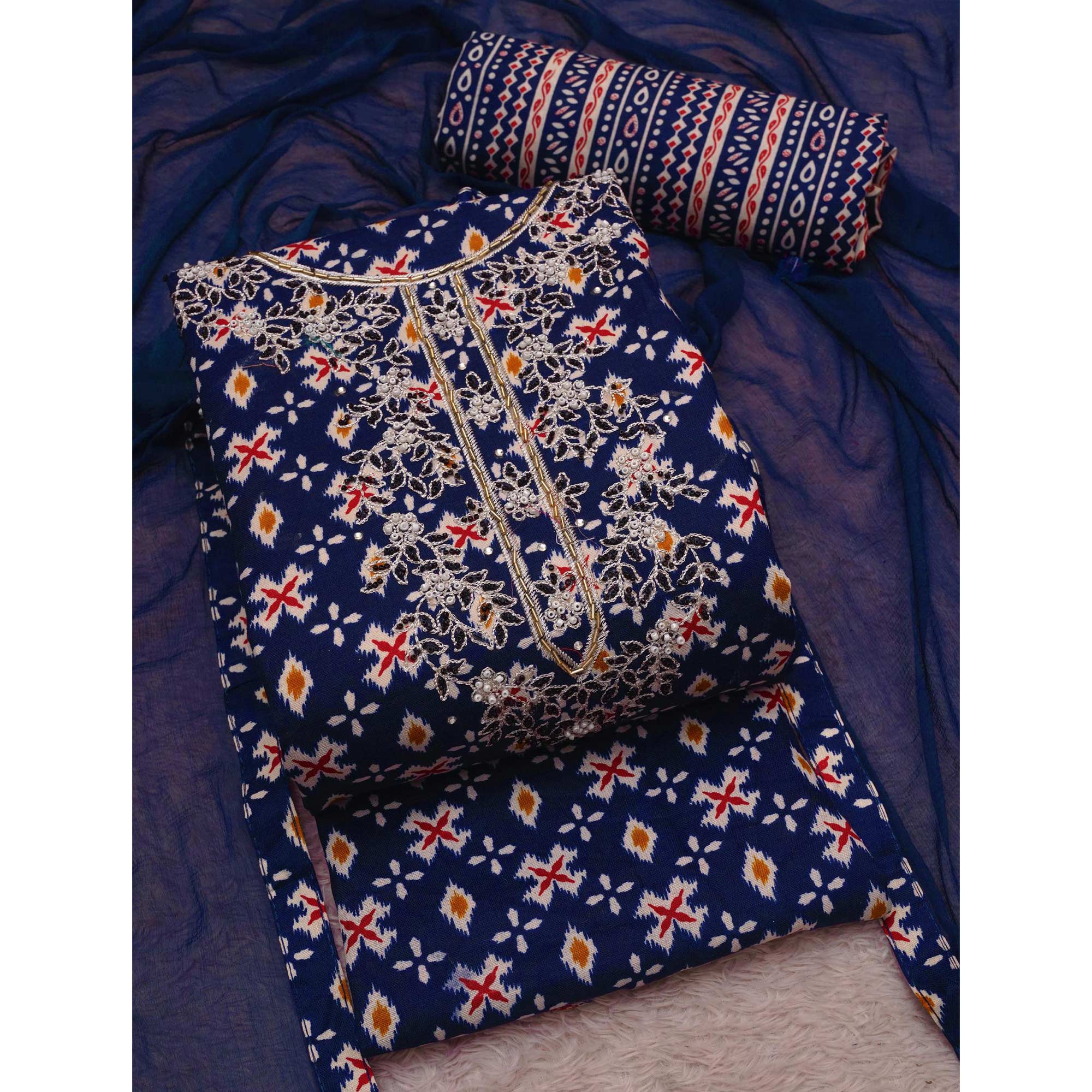 Blue Printed With Embroidered Cotton Blend Dress Material