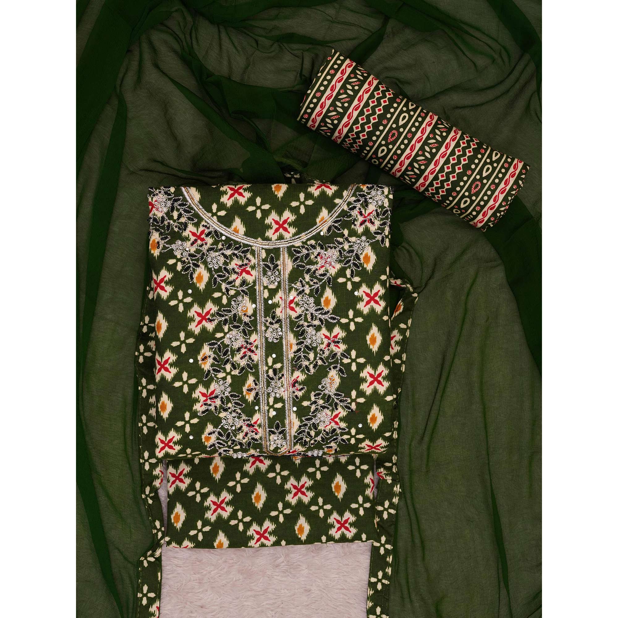 Green Printed With Embroidered Cotton Blend Dress Material