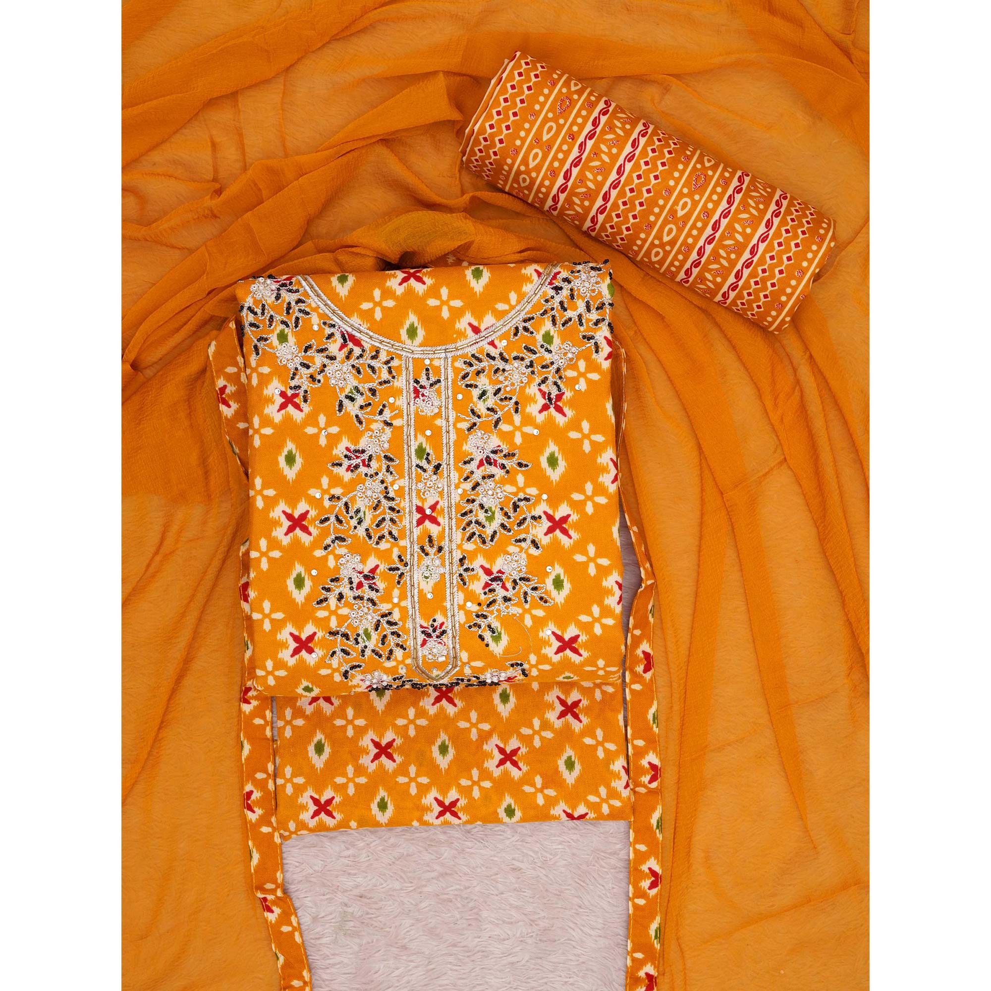 Yellow Printed With Embroidered Cotton Blend Dress Material