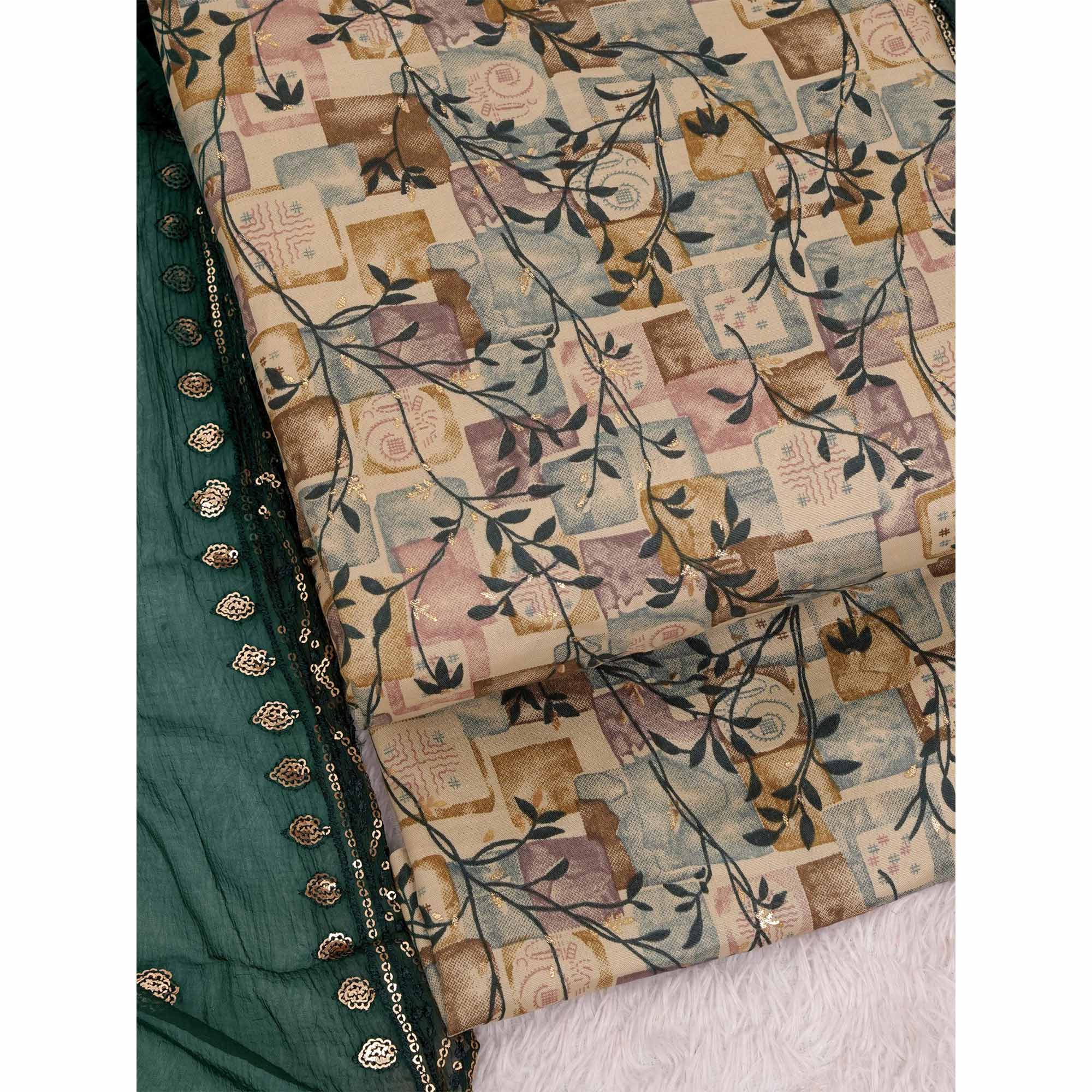 Chikoo & Green Foil Printed Cotton Blend Dress Material